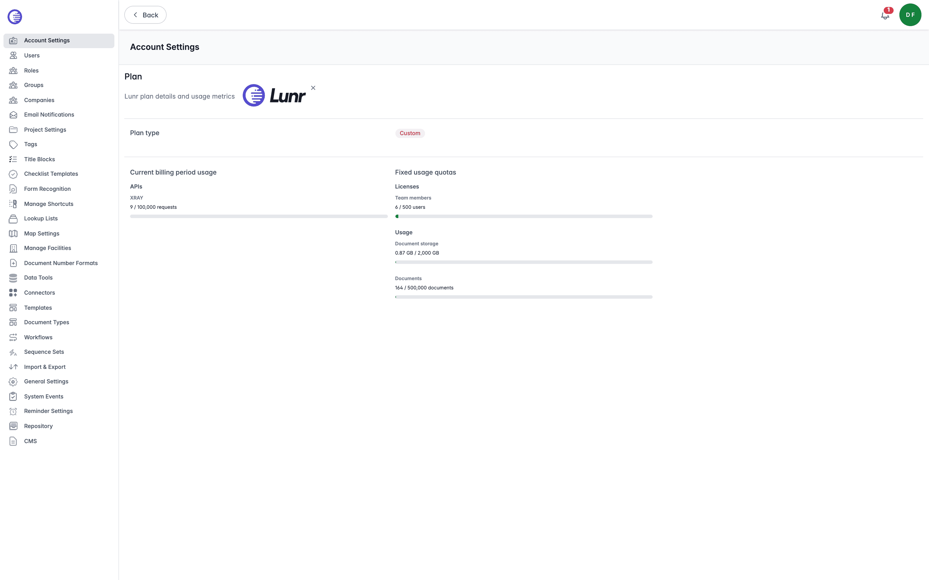 Account Settings page showing the Plan section with a Custom plan type and the organisation logo, Current billing period usage reporting XRAY requests, and Fixed usage quotas for team members, document storage, and documents
