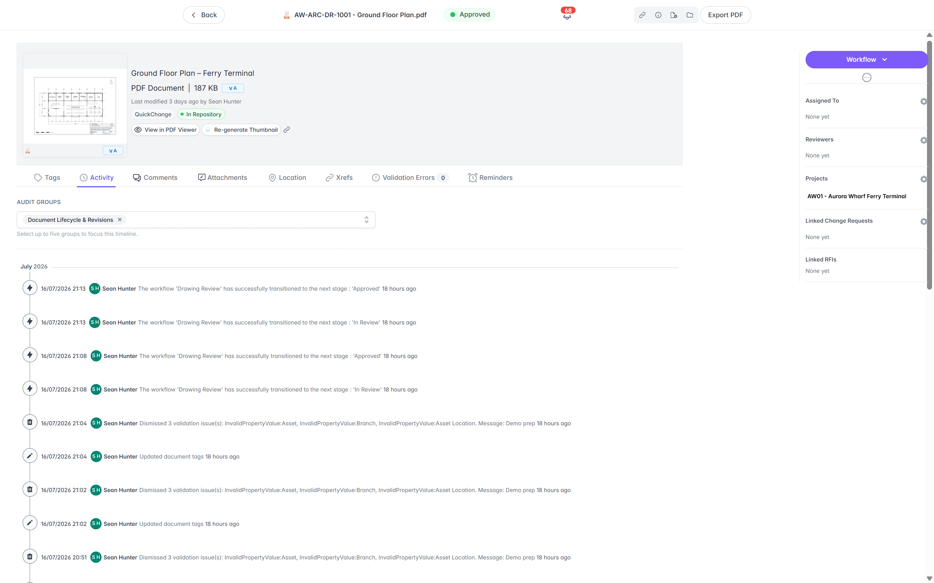 Activity view with the Audit Groups multi-select and a timeline of workflow transitions, dismissed validation issues, and tag updates