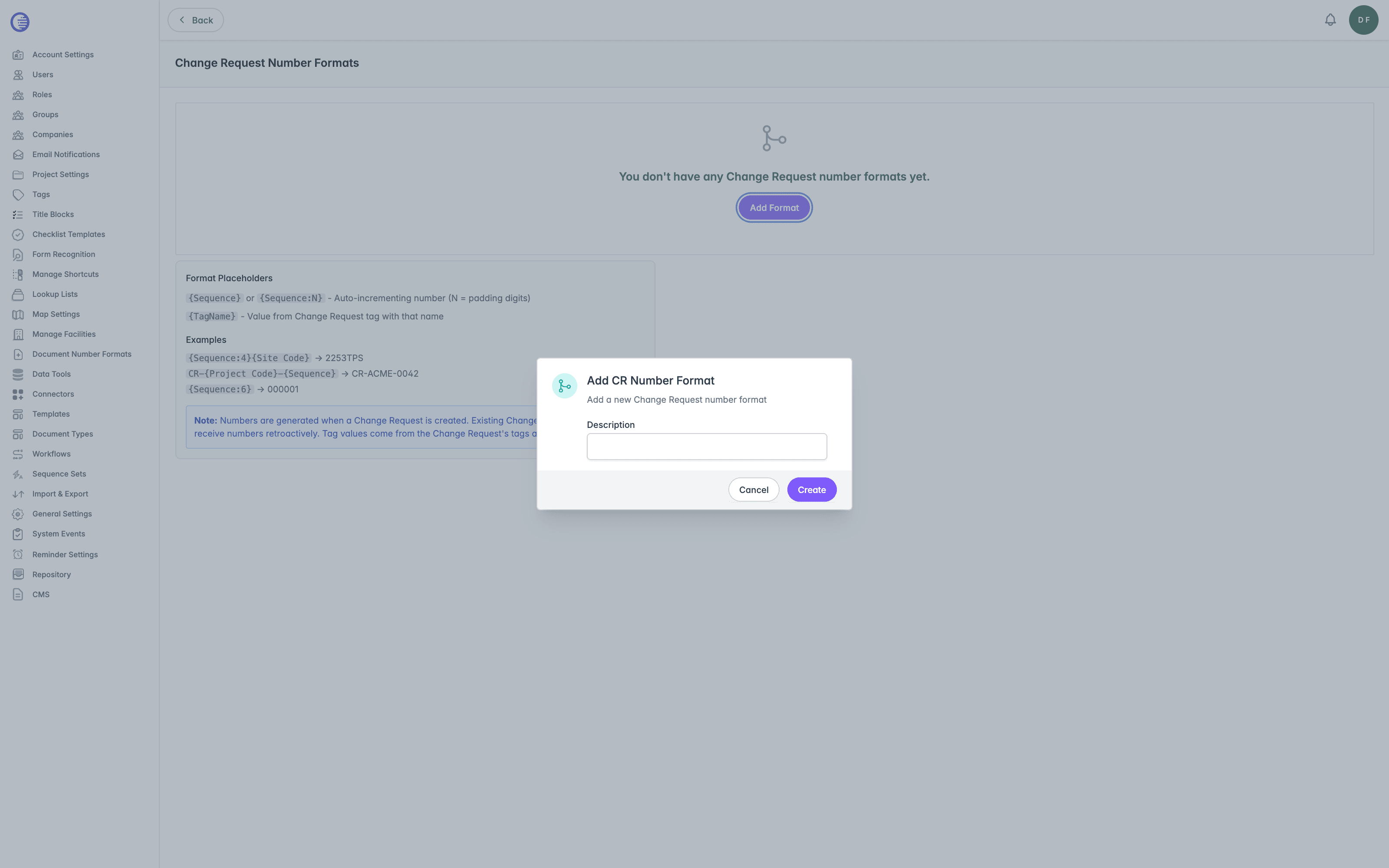 Add CR Number Format dialog with a single Description field, and Create and Cancel buttons