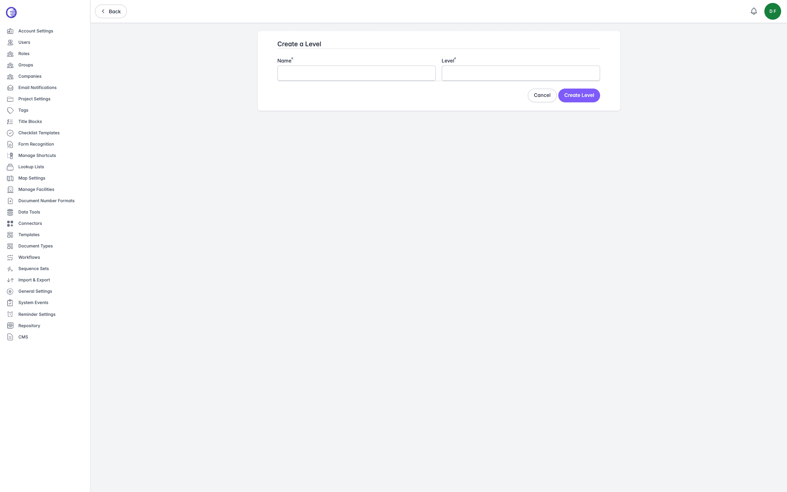 Create a Level form with Name and Level fields, and Cancel and Create Level buttons