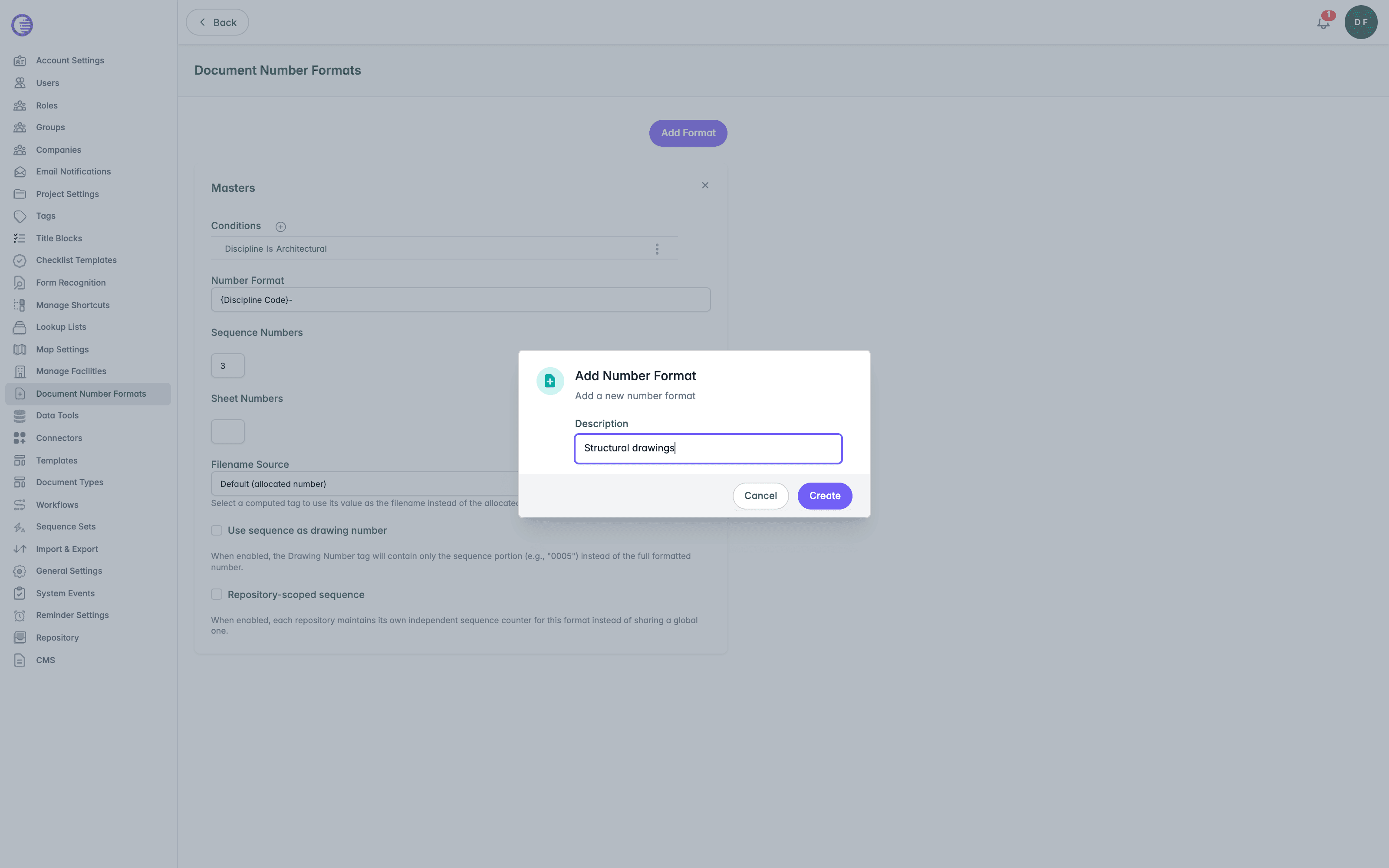 Add Number Format dialog with a Description field entered, shown over the existing Masters format list