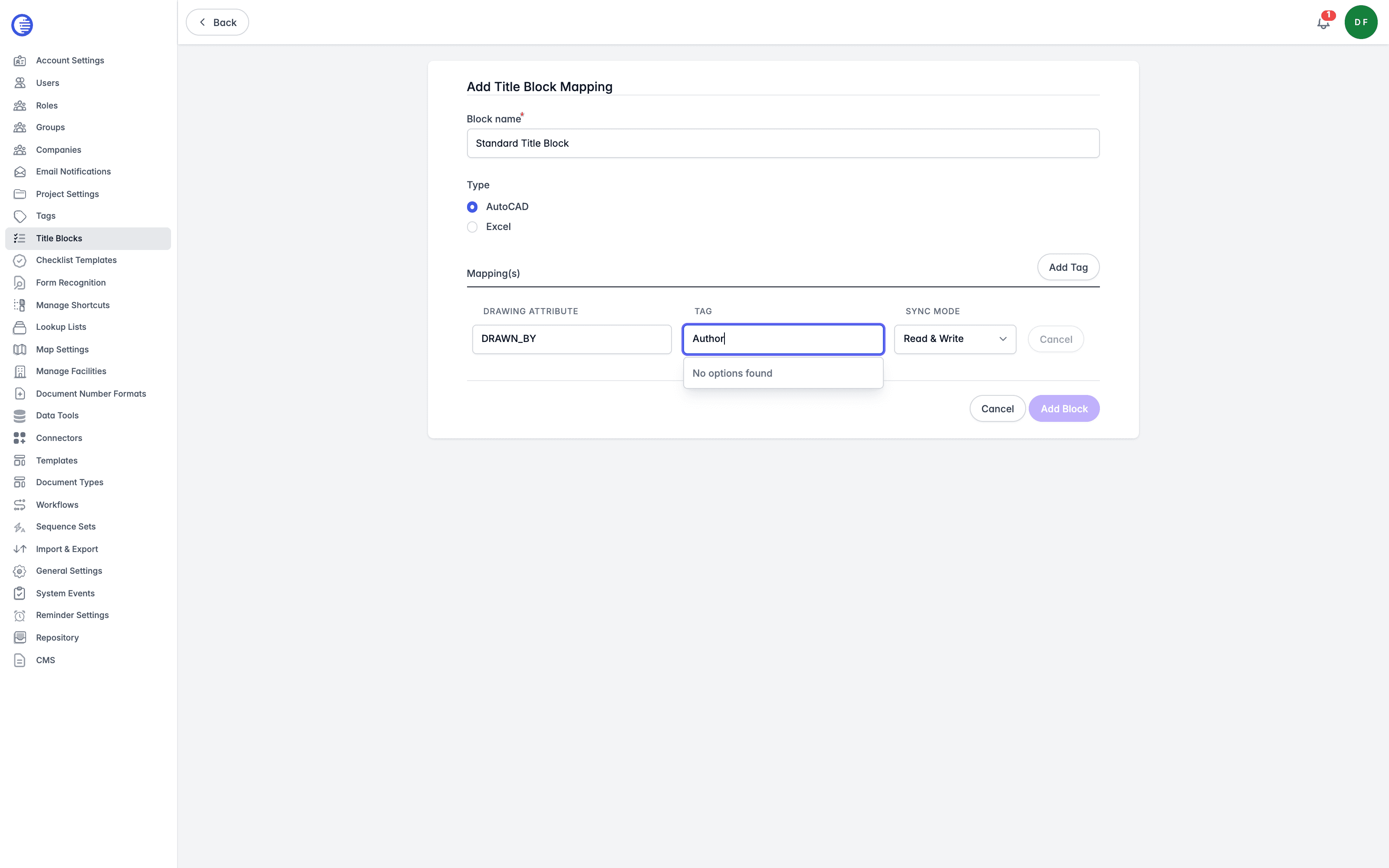 Add Title Block Mapping form with an example block name and one drawing-attribute-to-tag mapping filled in, set to Read and Write sync mode