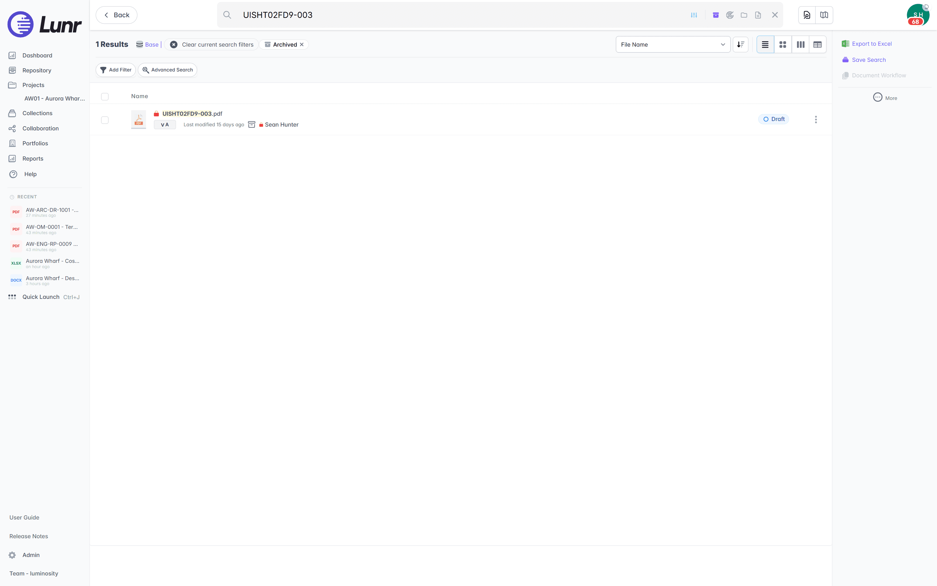 Search results for UISHT02FD9-003 with the archive-box toggle enabled, an Archived pill in the results header, and a single archived PDF row with a padlock icon, an archive-box icon, and a Draft status badge