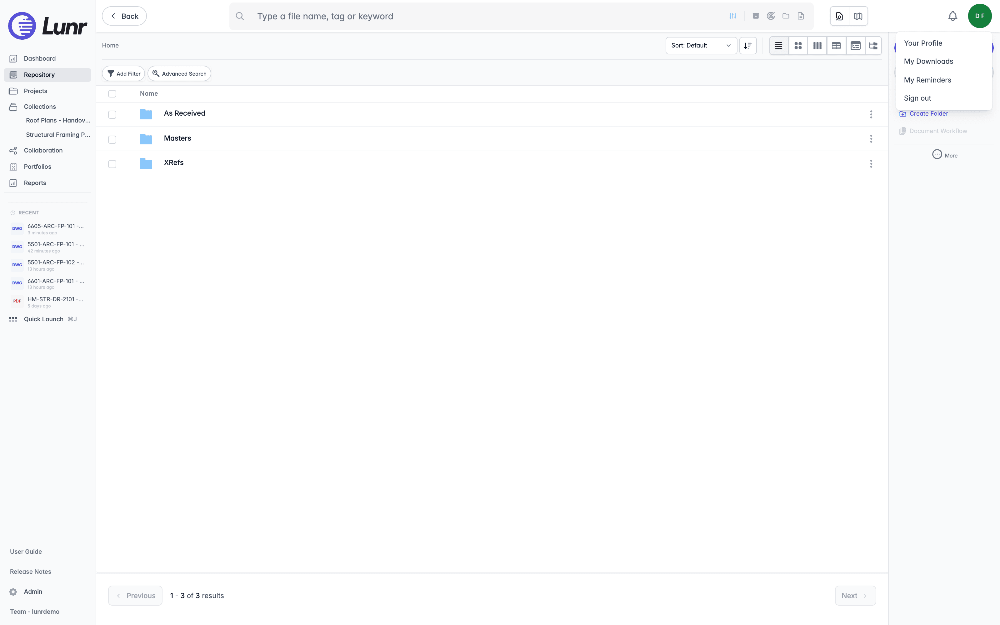 Avatar menu open over the repository showing Your Profile, My Downloads, My Reminders, and Sign out