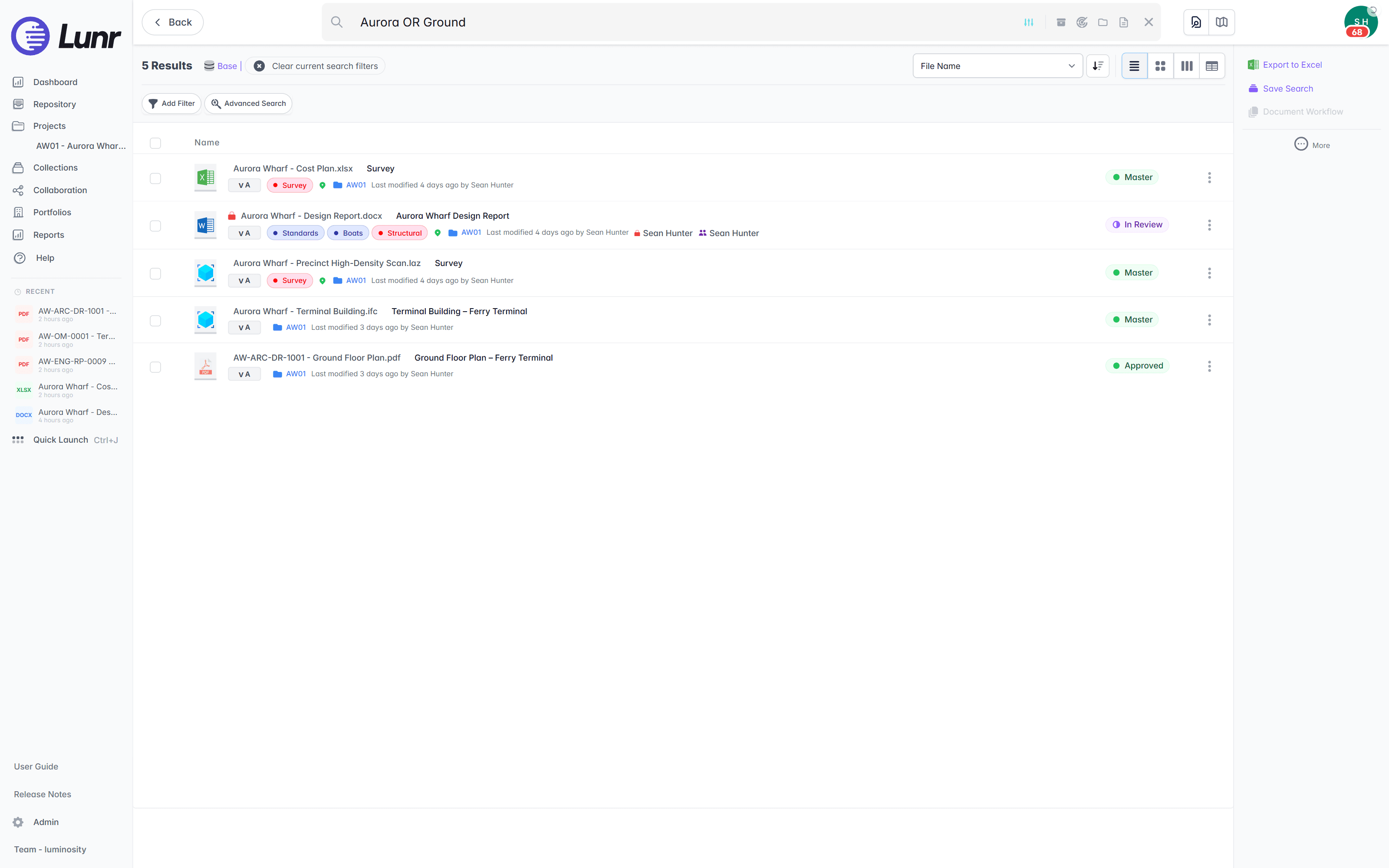 Search results for the boolean query Aurora OR Ground listing five documents that match either term