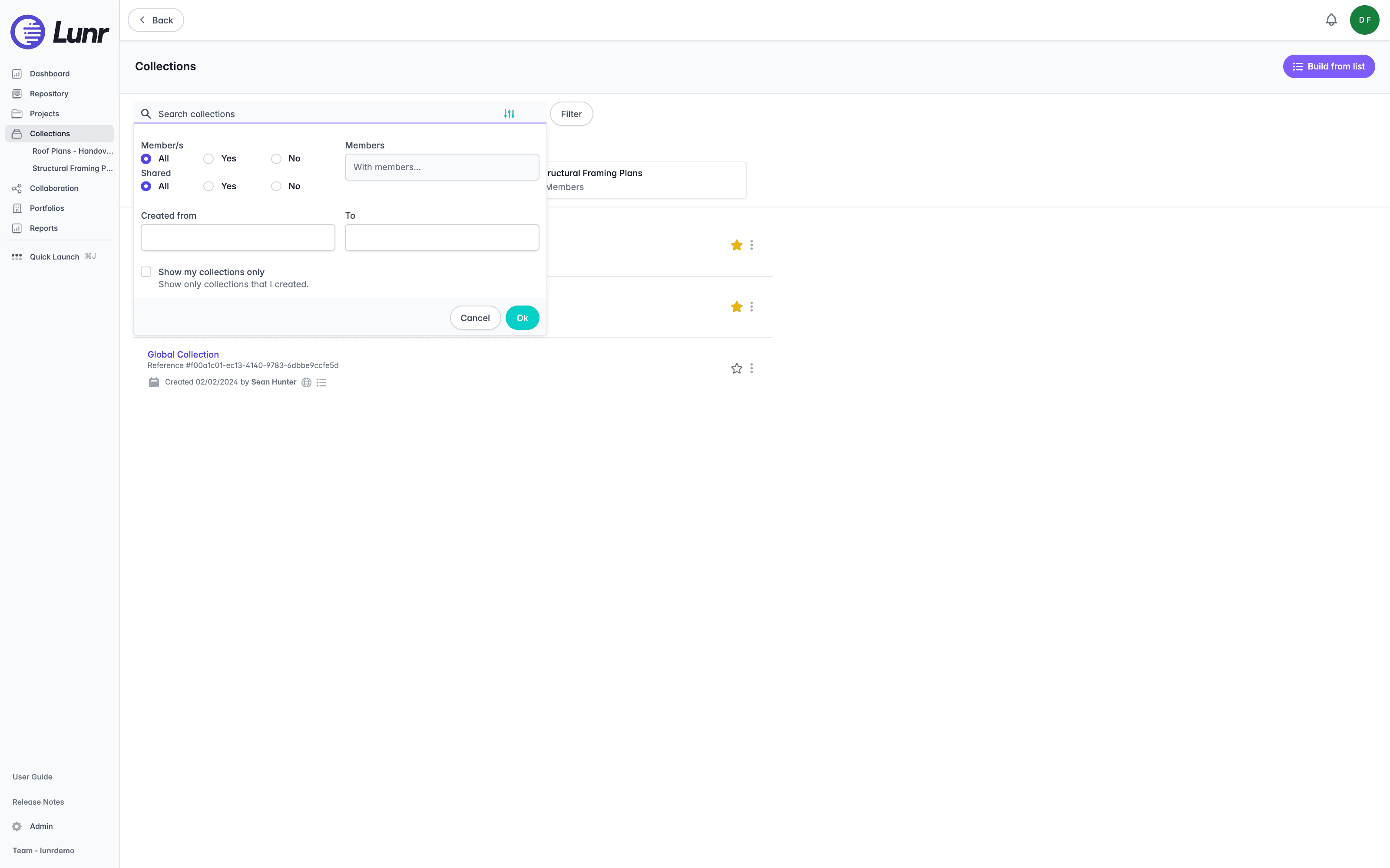 Filter panel with Member/s and Shared options, a Members field, Created from and To date fields, a Show my collections only box, and Cancel and Ok buttons