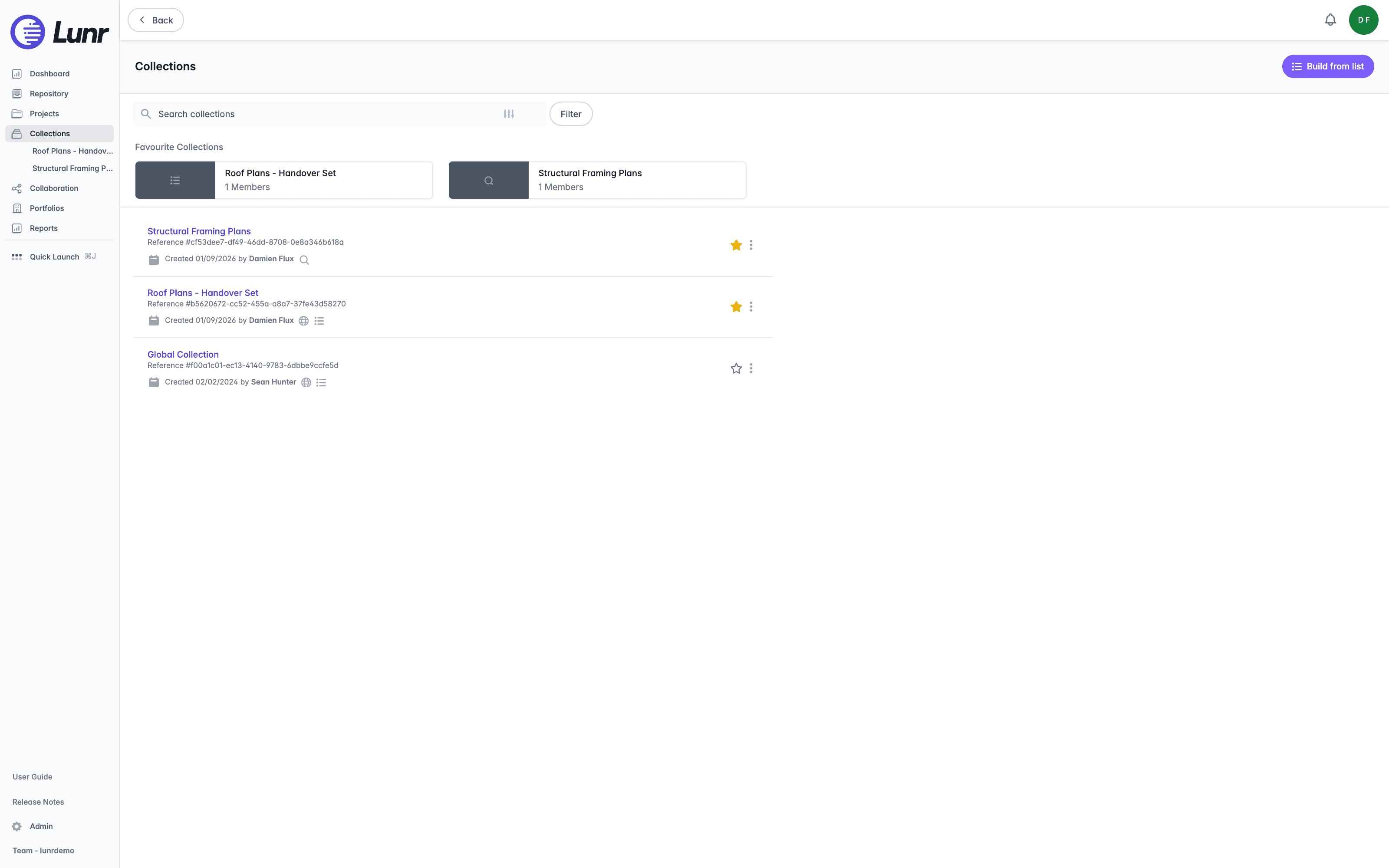 Collections landing page listing Structural Framing Plans, Roof Plans - Handover Set, and Global Collection, with a Favourite Collections strip above showing the first two as favourites