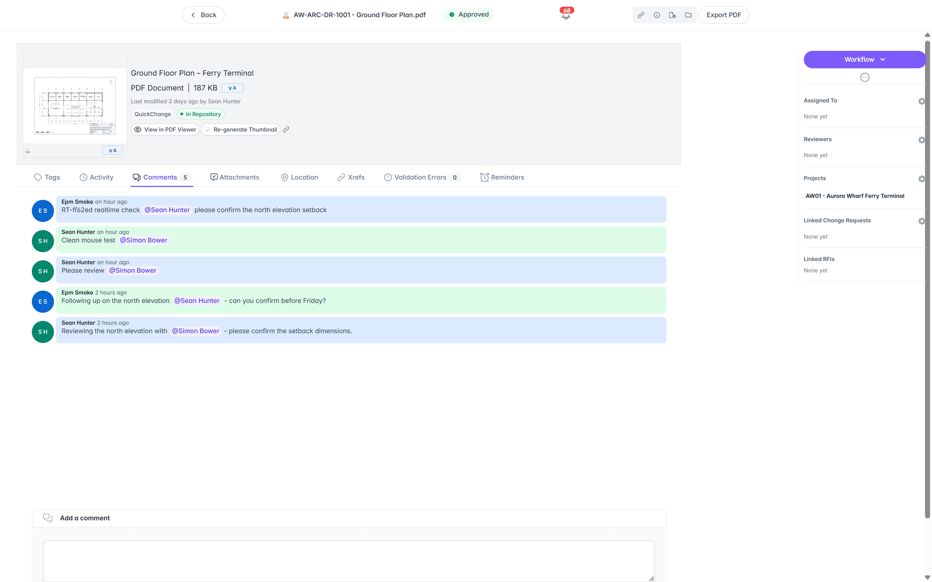Comments view showing five threads with avatars, highlighted @mentions, relative timestamps, and an Add a comment box