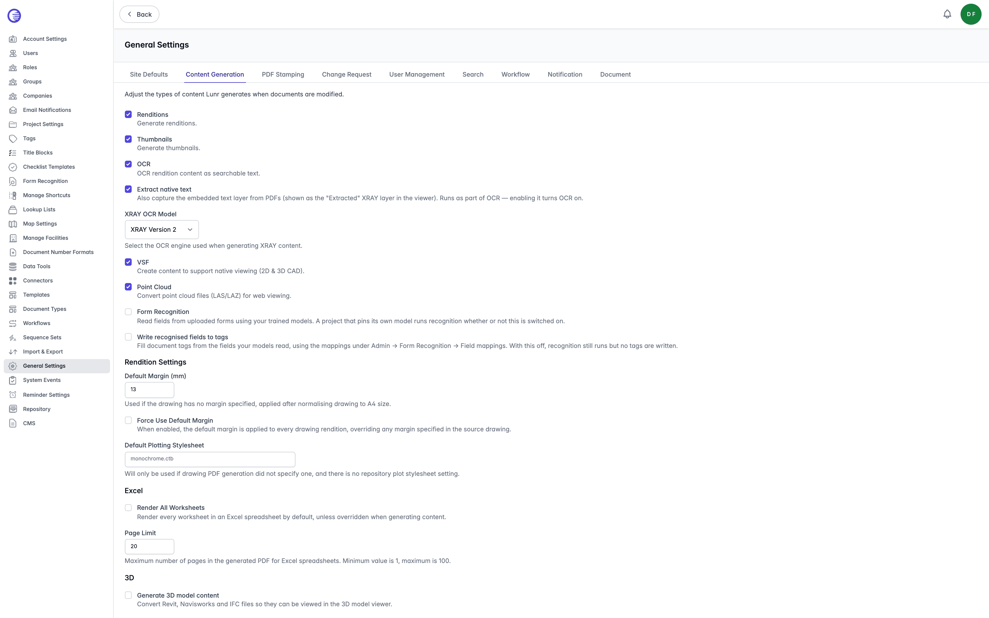 Content Generation tab showing the generation options plus the Rendition Settings, Excel, and 3D sub-sections