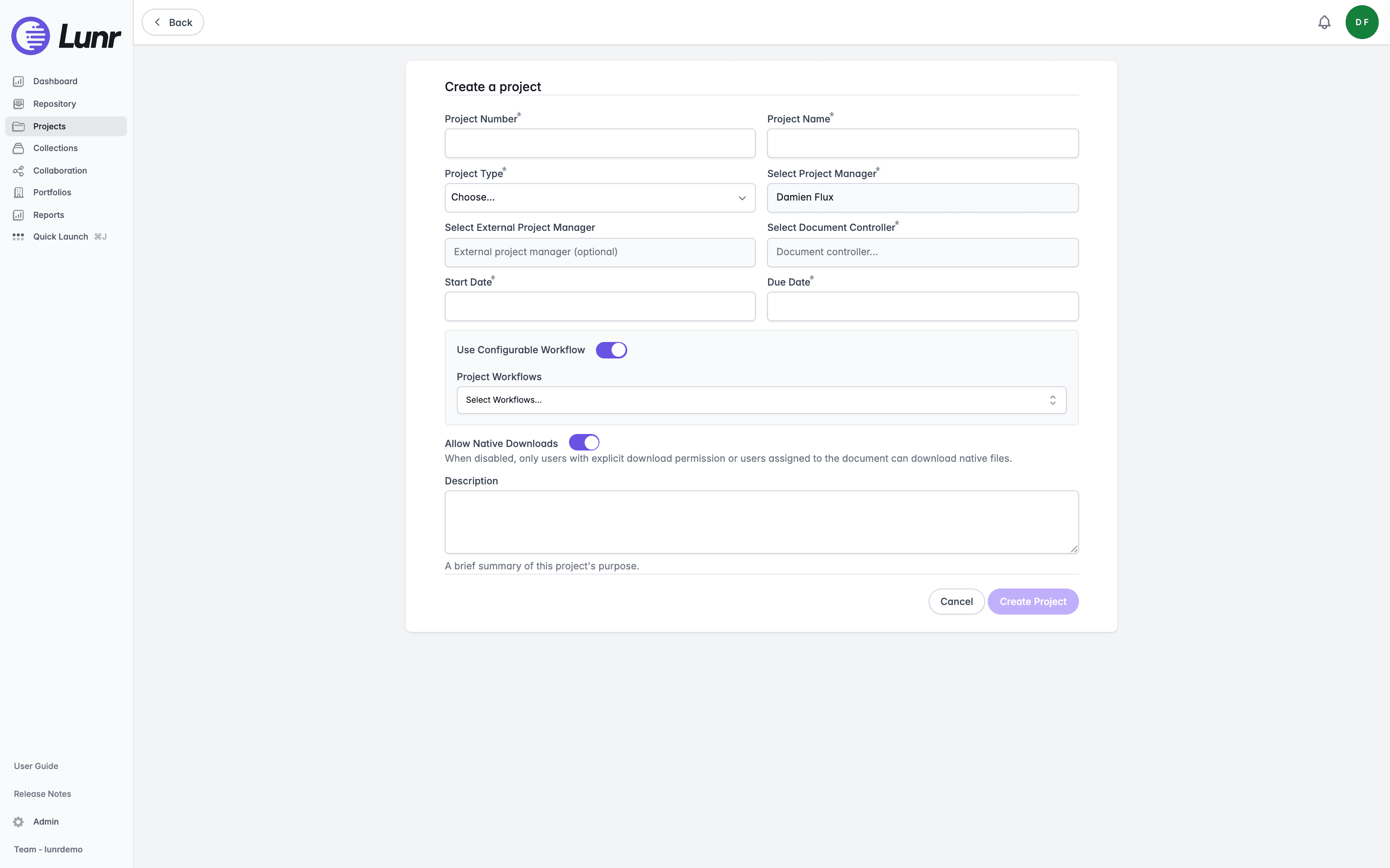 Create a project form with Project Number, Project Name, Project Type, and Select Project Manager fields