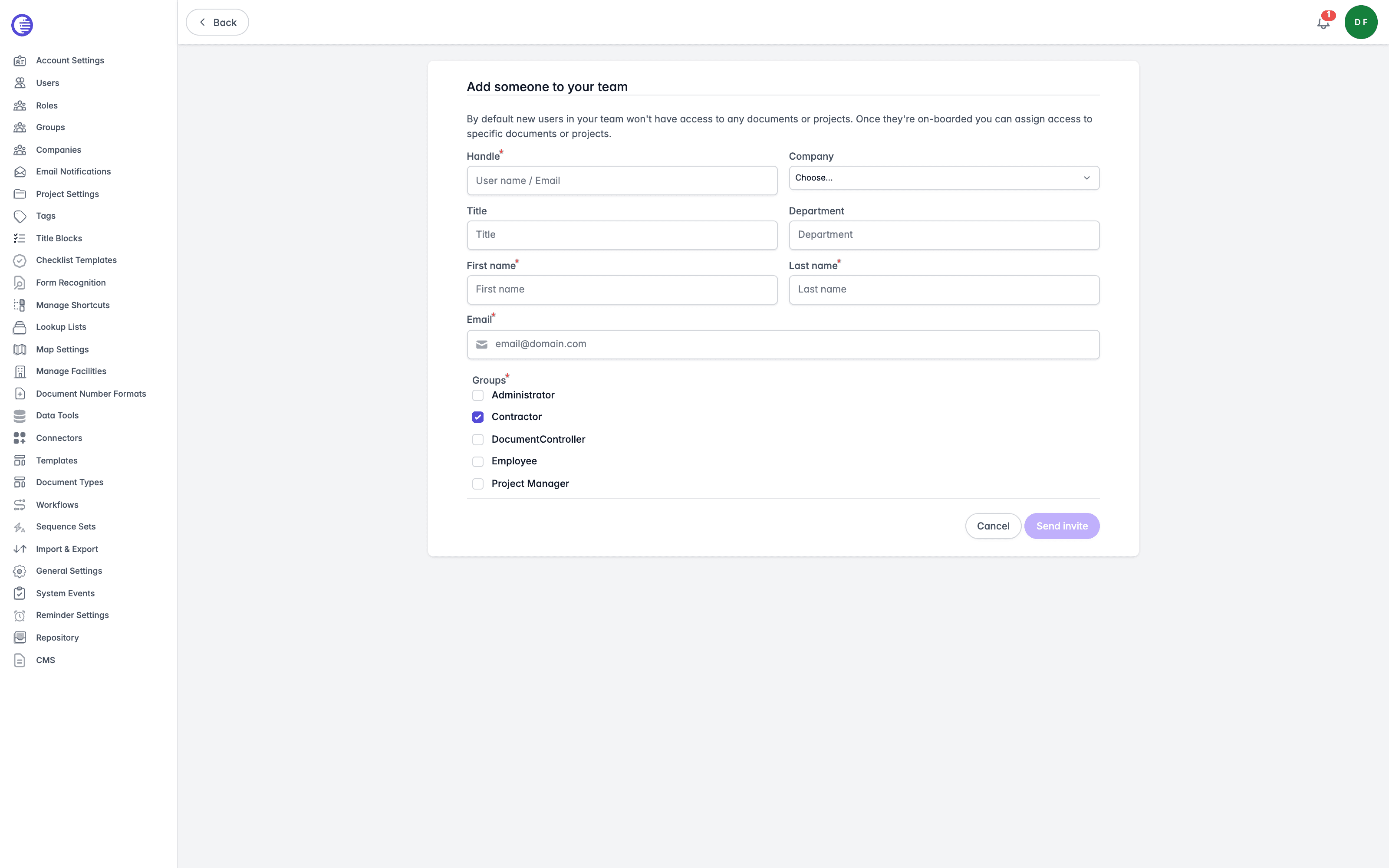 Create User form with the Handle, Company, Title, Department, First name, Last name, Email, and Groups fields