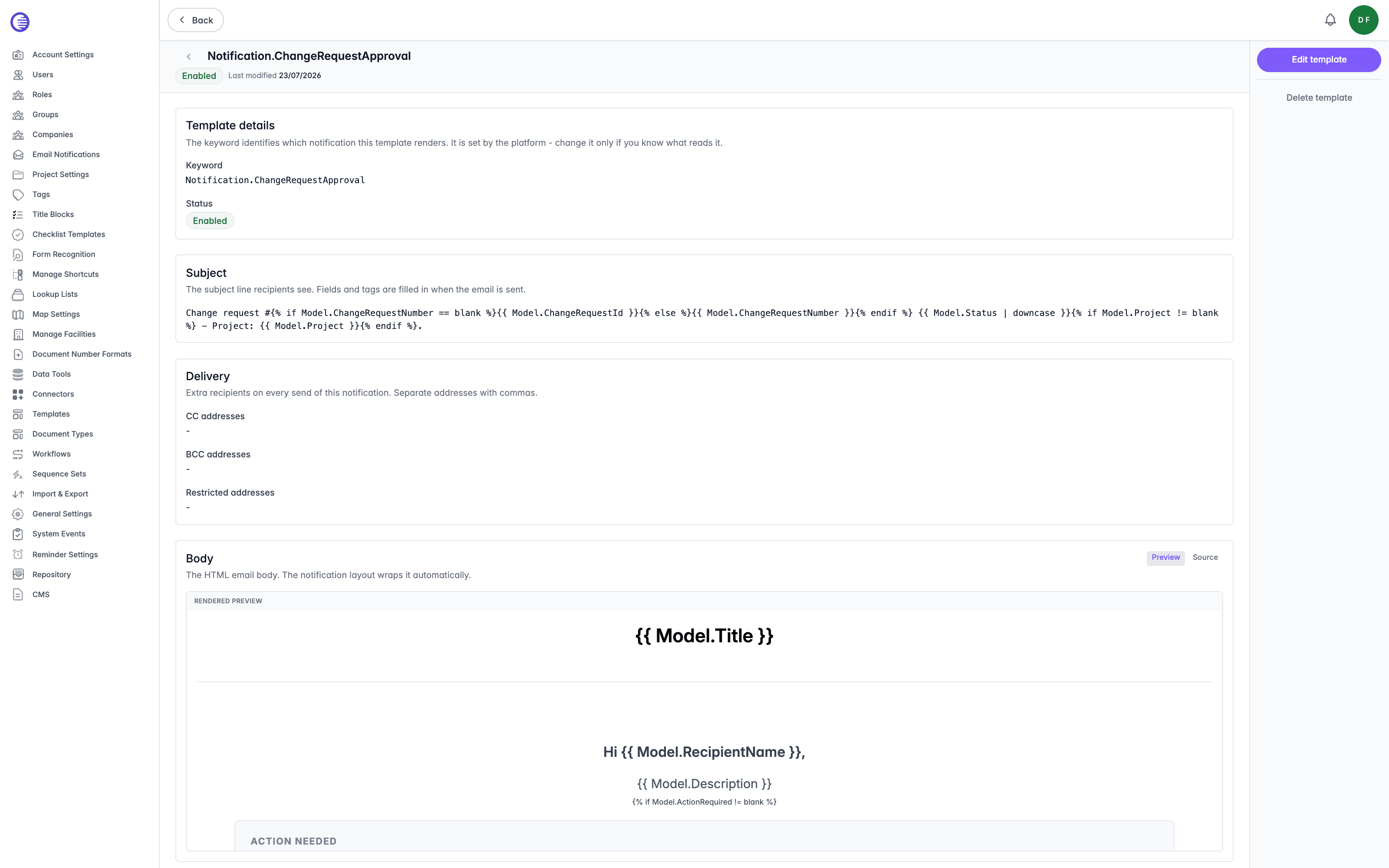Notification.ChangeRequestApproval template details page in read-only view, showing the Template details, Subject, Delivery, and Body sections, with the Body rendered as a preview