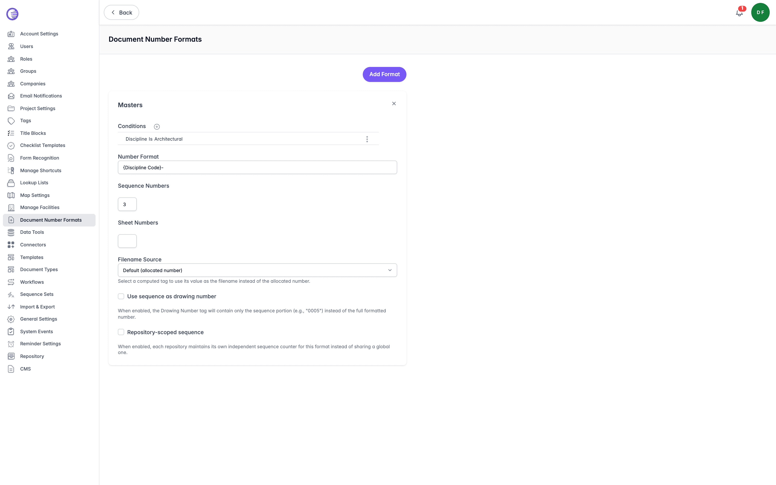 Document Number Formats page showing the Masters format with a Discipline condition, its number format pattern, sequence and sheet number padding, filename source, and the sequence-related toggles