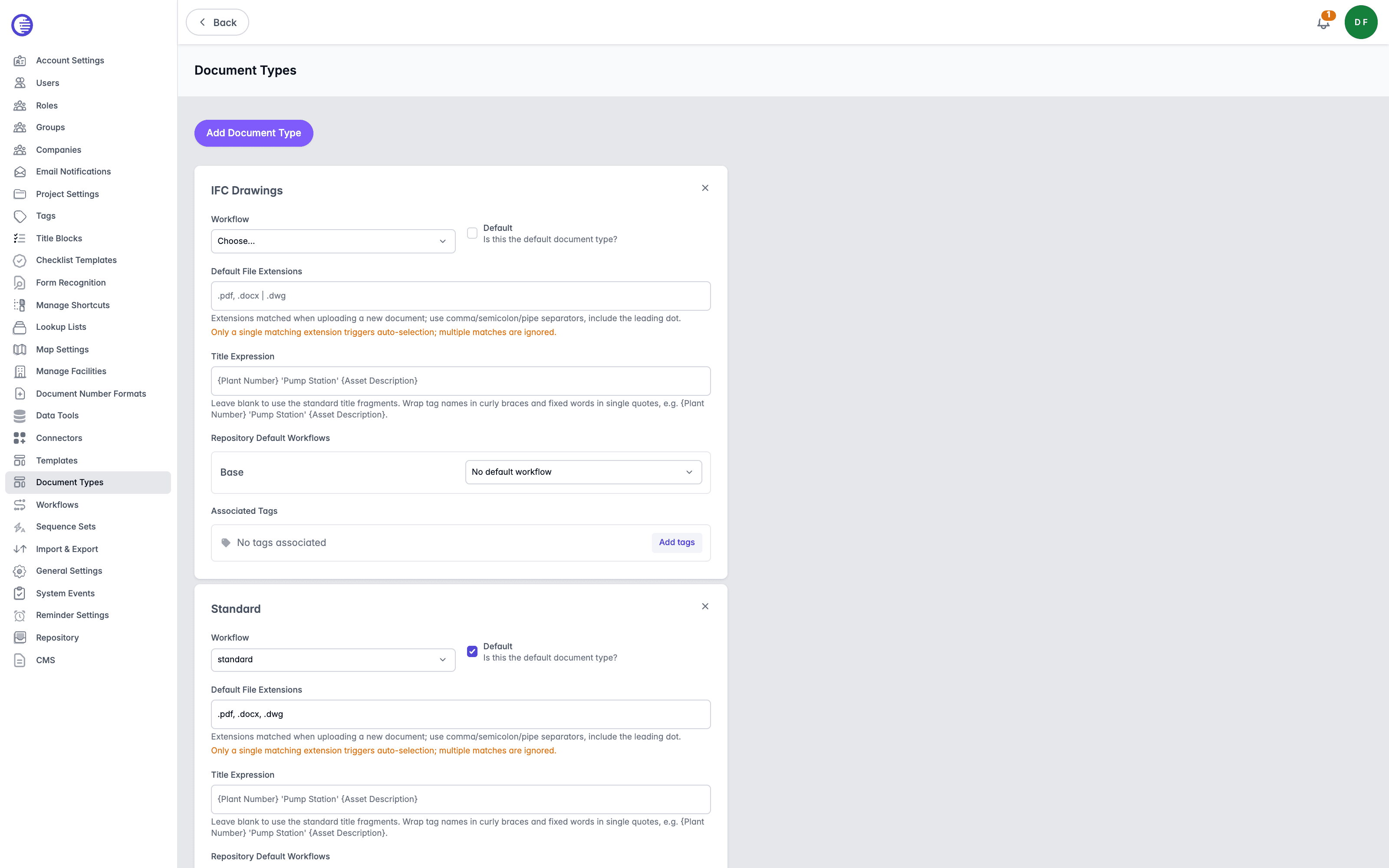 Document Types page showing IFC Drawings and Standard document types, with the Standard type expanded to show its workflow, default file extensions, title expression, and repository default workflow settings