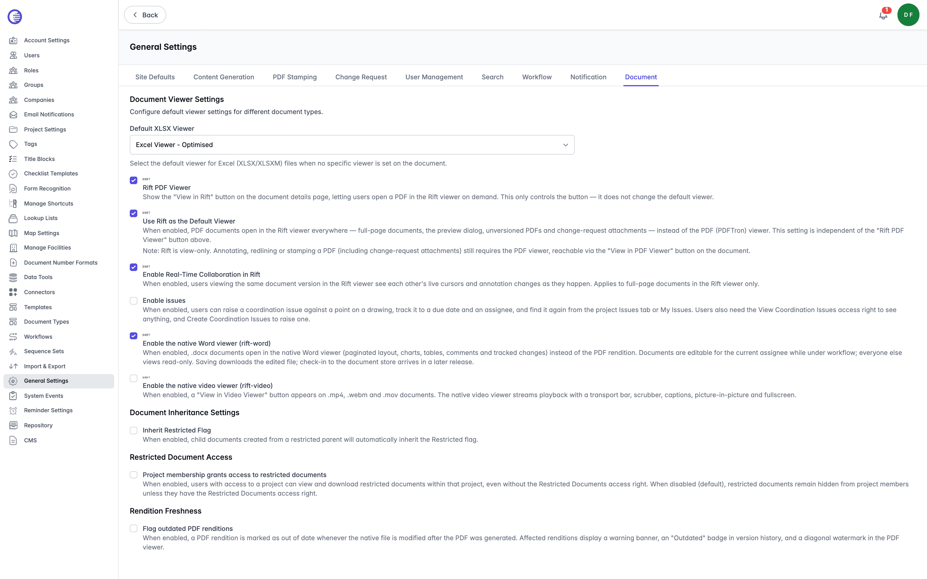 Document tab showing the Document Viewer Settings group, including the Enable issues and Enable the native video viewer (rift-video) checkboxes, plus the Document Inheritance Settings, Restricted Document Access, and Rendition Freshness groups