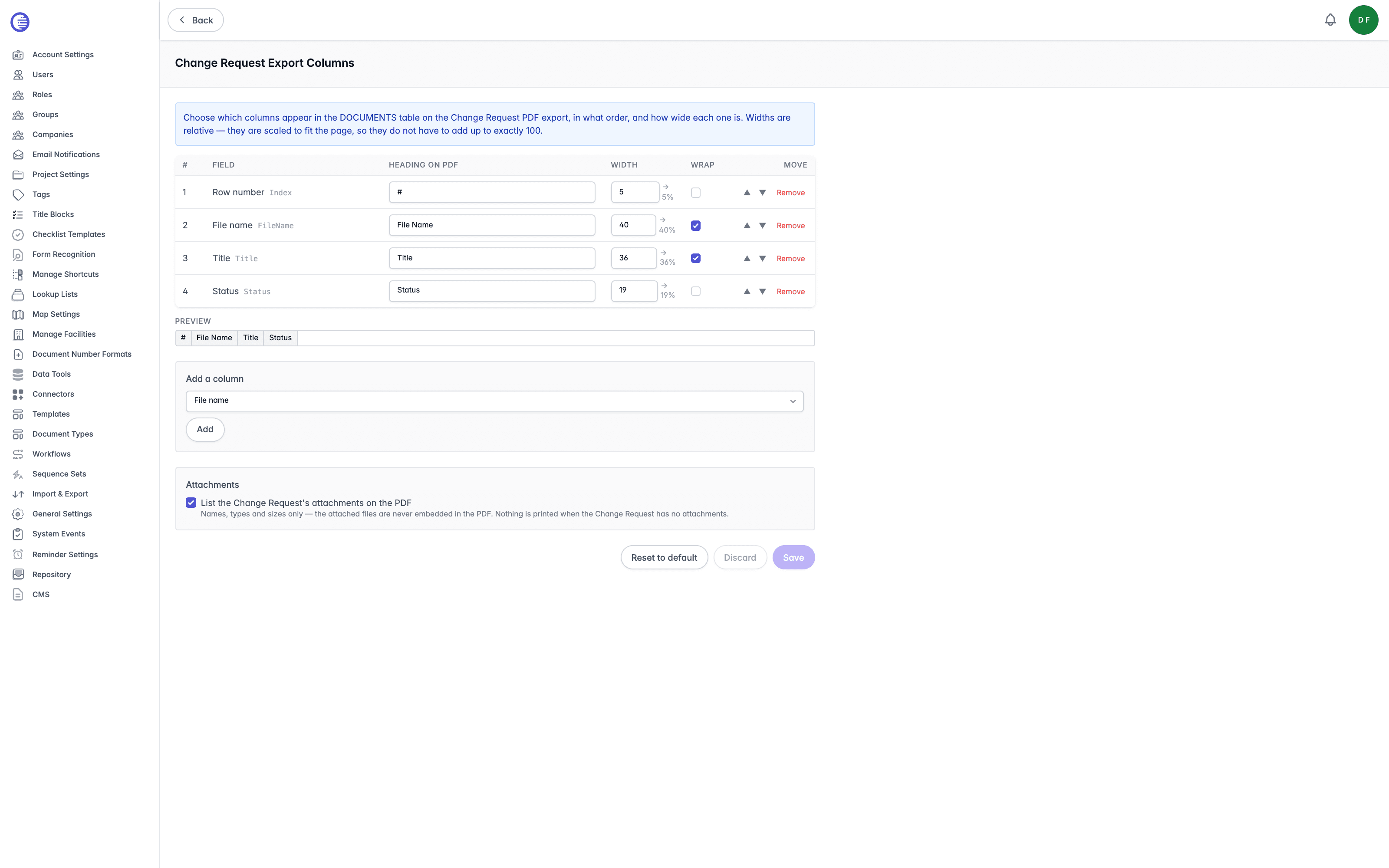 Change Request Export Columns page on the Documents tab, showing the column table with Field, Heading on PDF, Width, Wrap, and Move columns, the preview strip, and the Add a column section