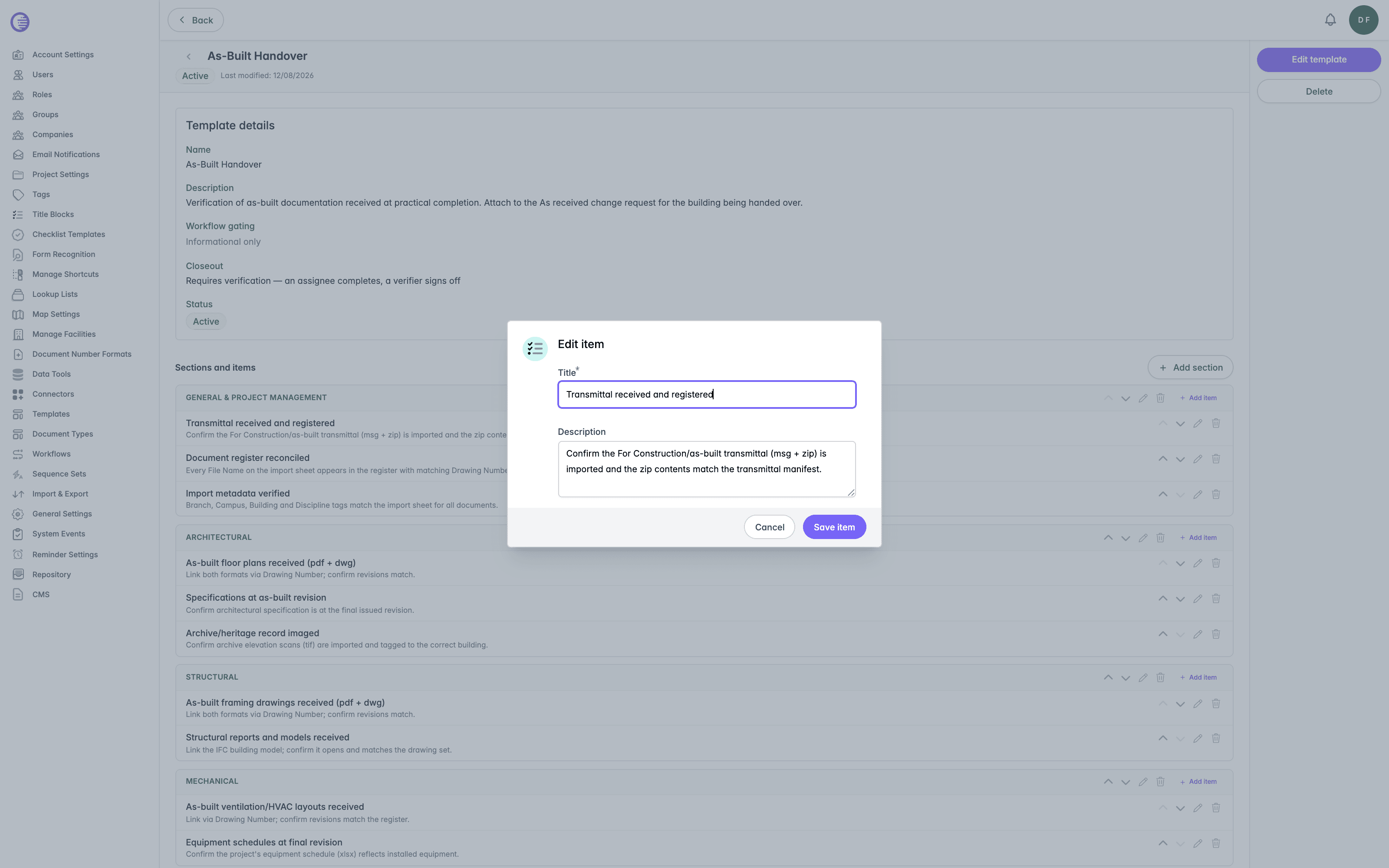 Edit item dialog for the Transmittal received and registered item, with Title and Description fields populated and Save item and Cancel buttons