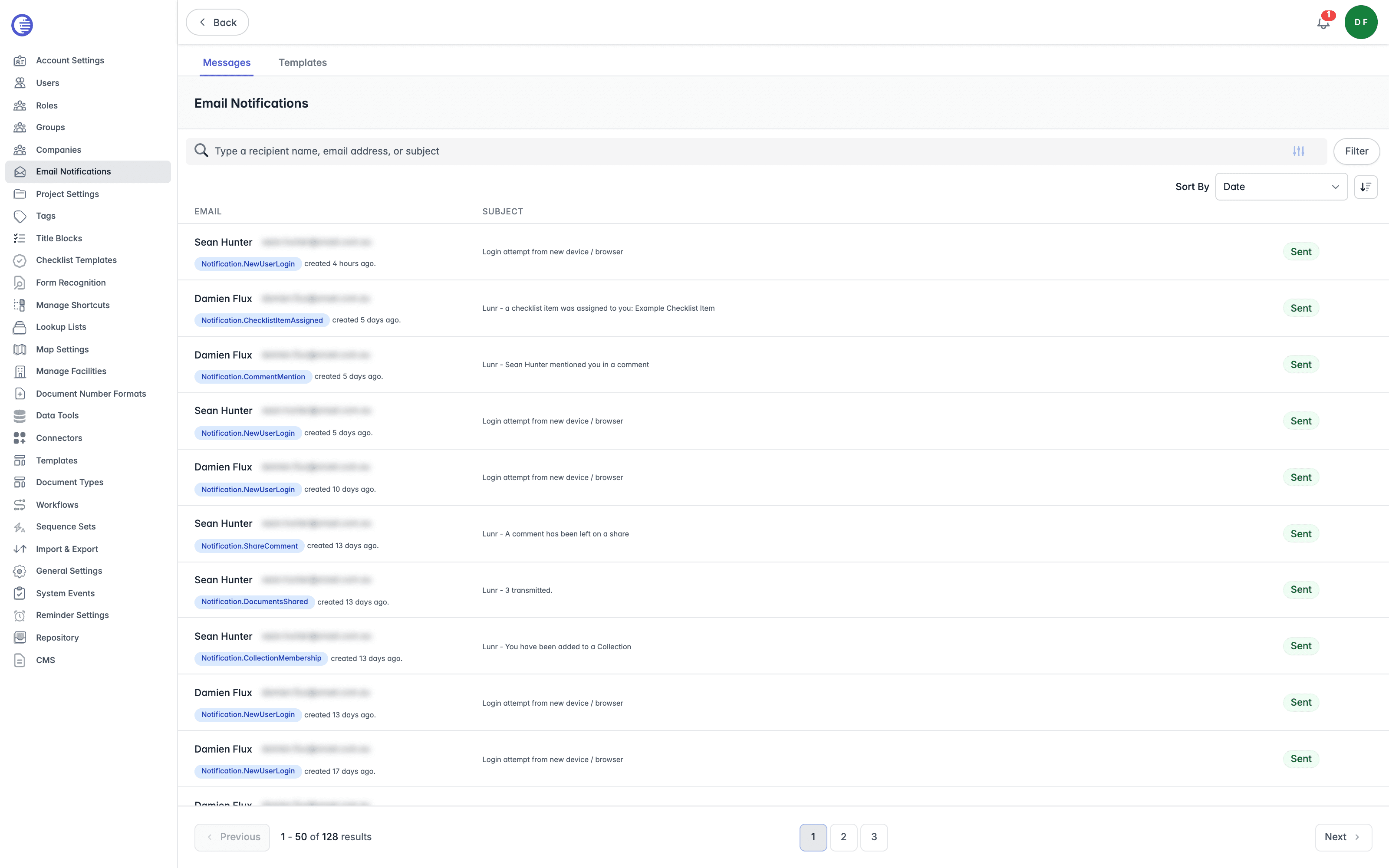 Email Notifications list showing the recipient name, email address, template keyword, and relative send time in the Email column, alongside the Subject and a green Sent status badge for each row