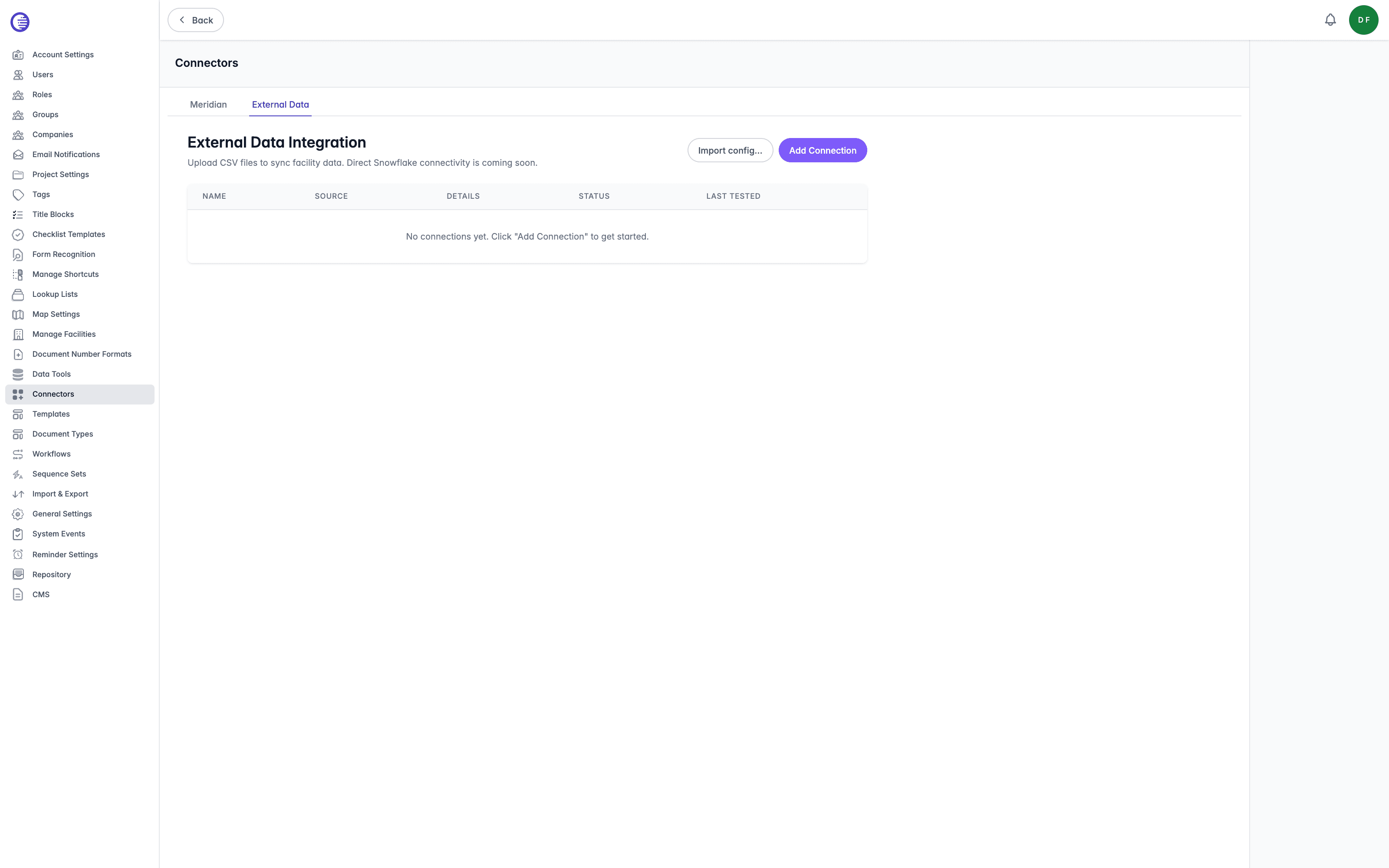 External Data tab on the Connectors page, showing the External Data Integration heading, Import config and Add Connection buttons, and an empty connections table with Name, Source, Details, Status, and Last Tested columns