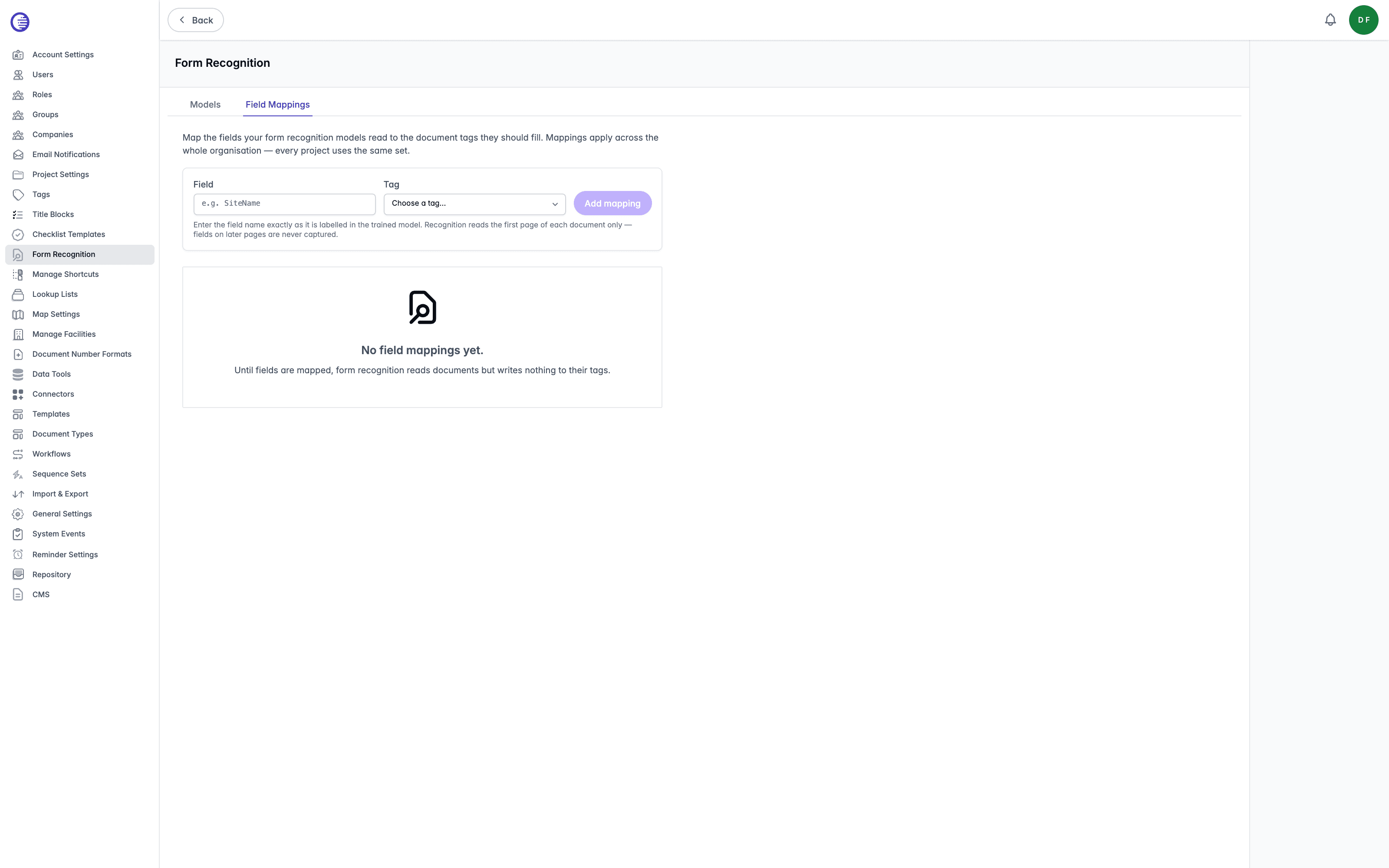 Form Recognition page on the Field Mappings tab, showing the Field field, Tag dropdown, Add mapping button, and an empty mappings list
