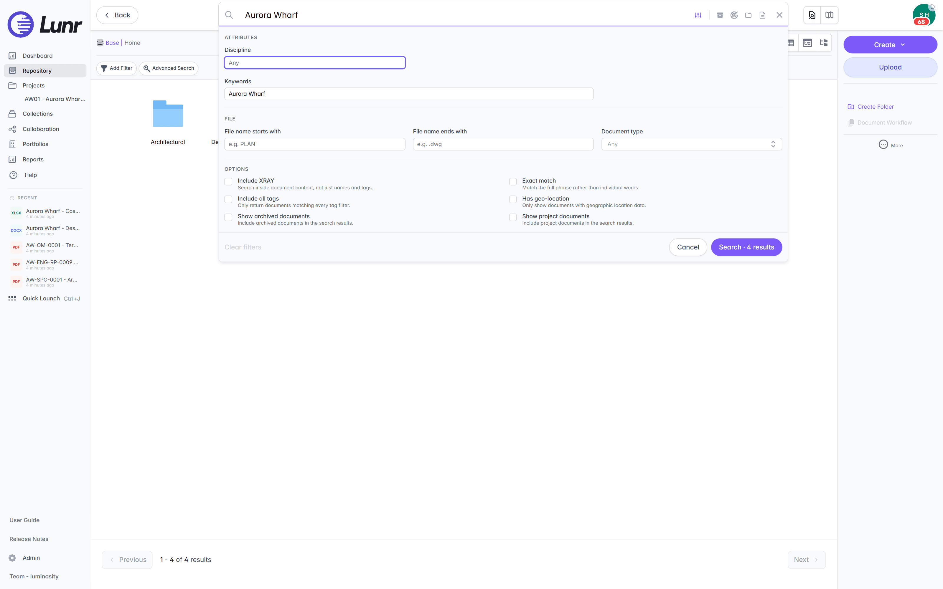 Advanced Search panel with Aurora Wharf in the Keywords field, a Discipline filter, file name filters, options including Include XRAY and Exact match, and a Search button showing four results