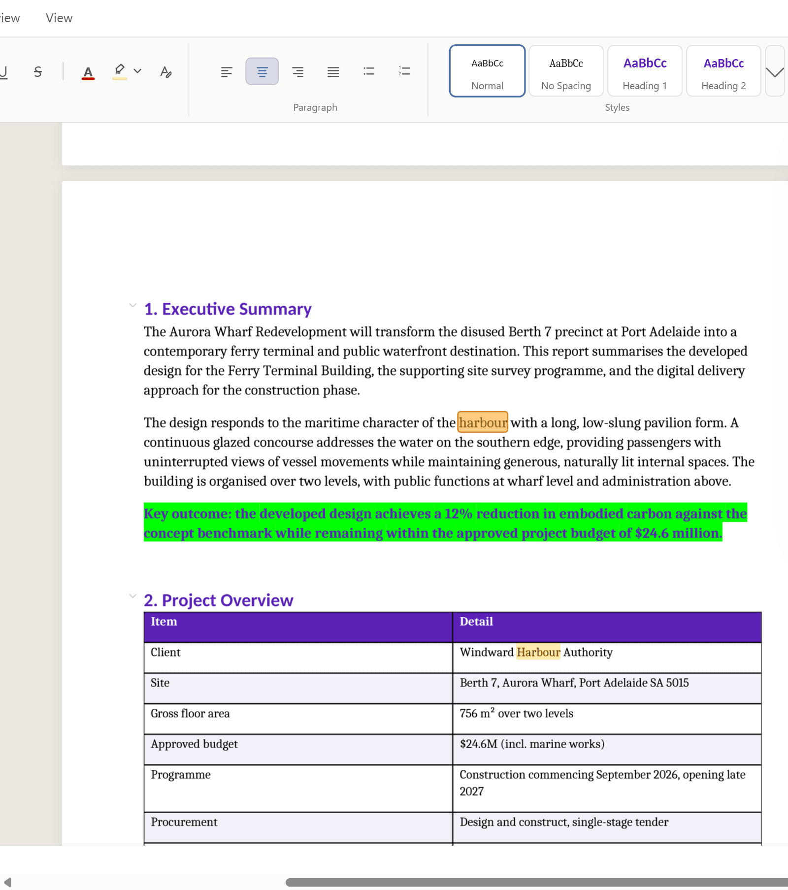 The word "harbour" highlighted where it appears in the document, with the current match in a stronger colour