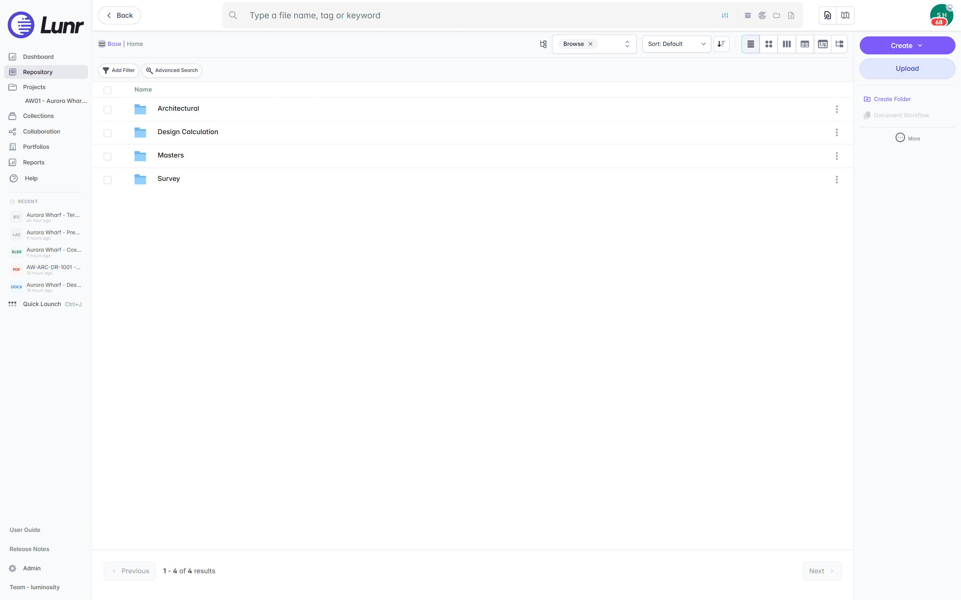 Repository root in the Folder view with the Architectural, Design Calculation, Masters, and Survey folders