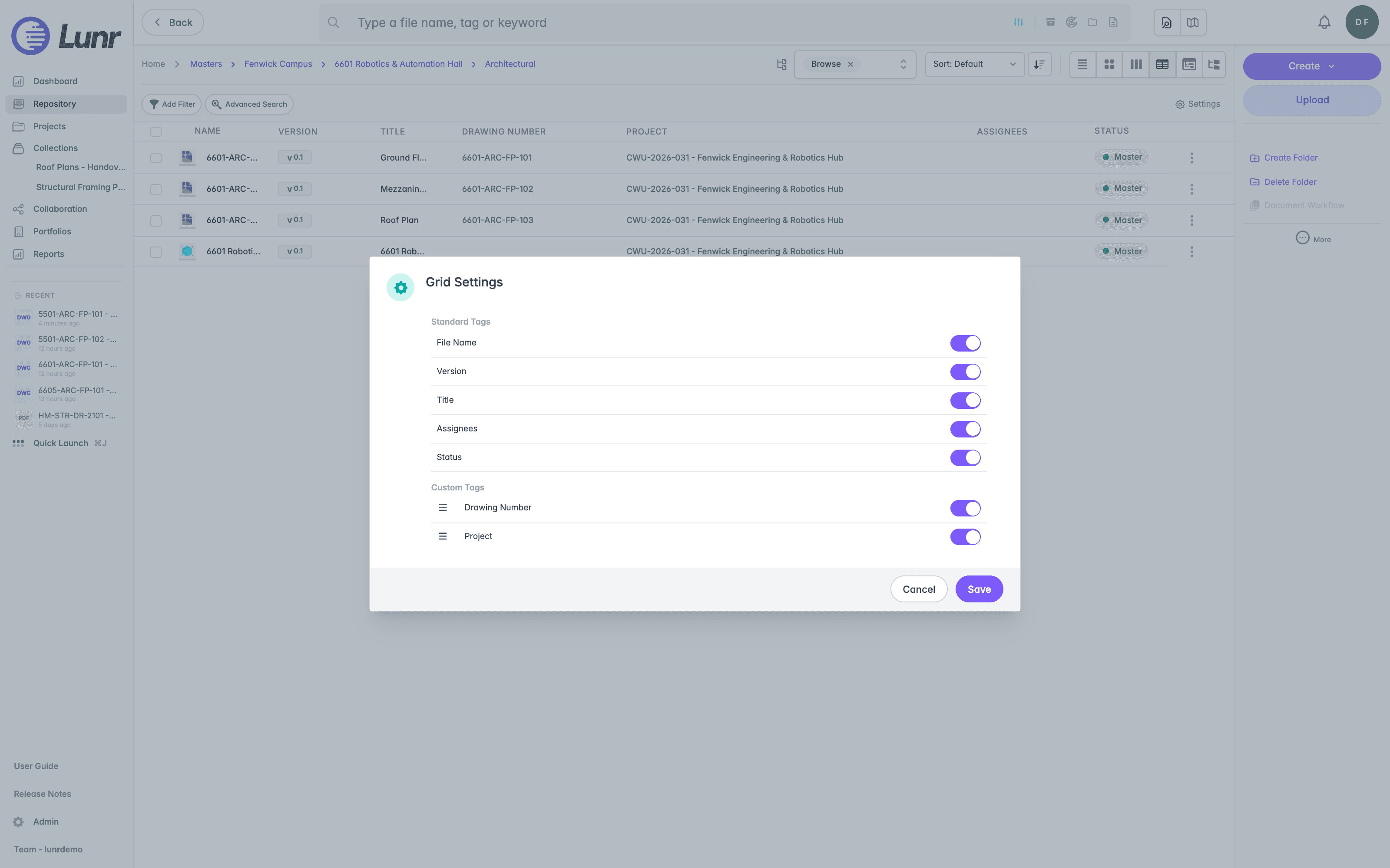 Grid Settings dialog over the table view, showing the Standard Tags group with File Name, Version, Title, Assignees, and Status all enabled, the Custom Tags group listing Drawing Number and Project with drag handles, and the Cancel and Save buttons