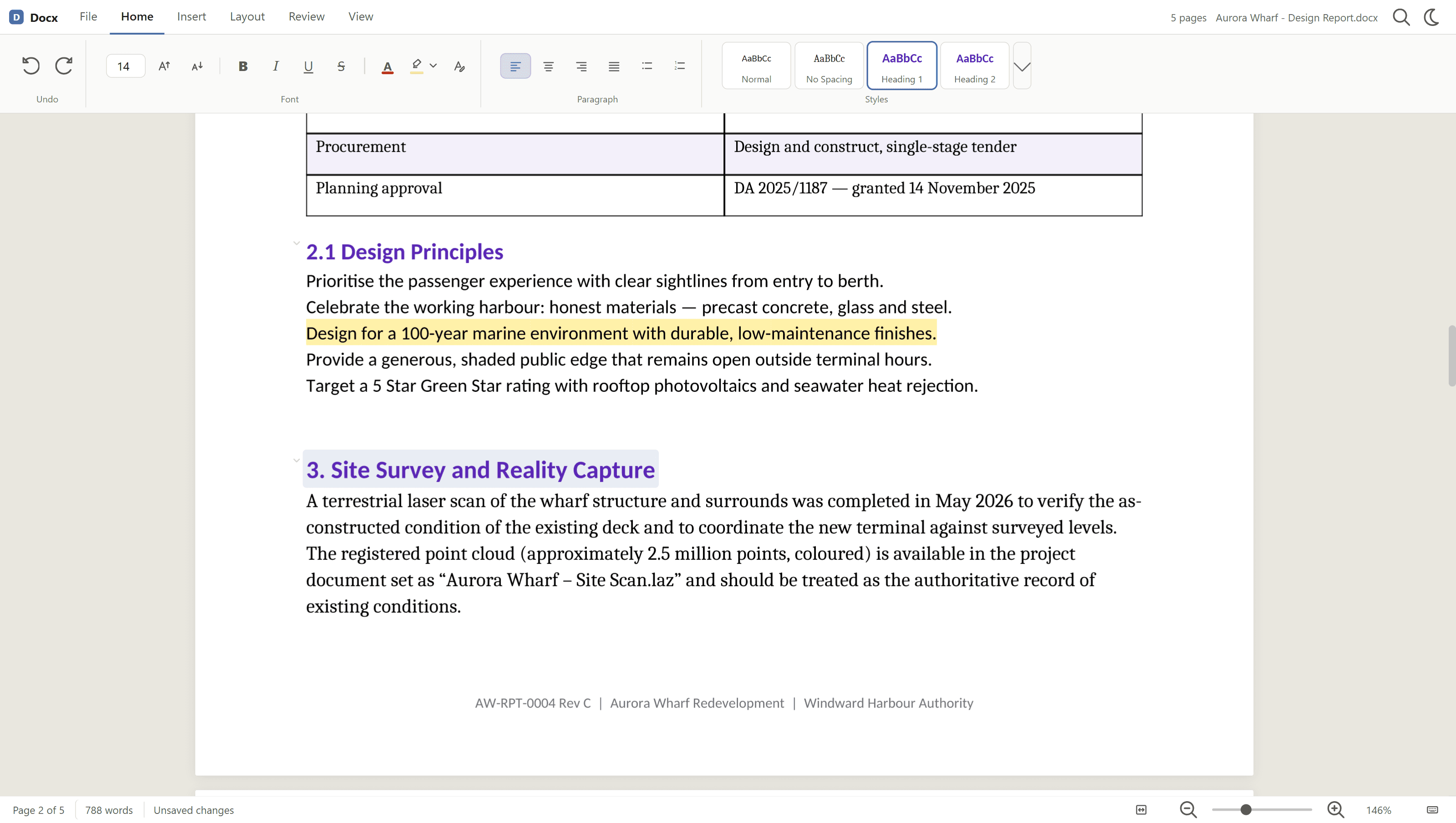 A sentence highlighted in yellow in the Word viewer, with the Home tab tools above