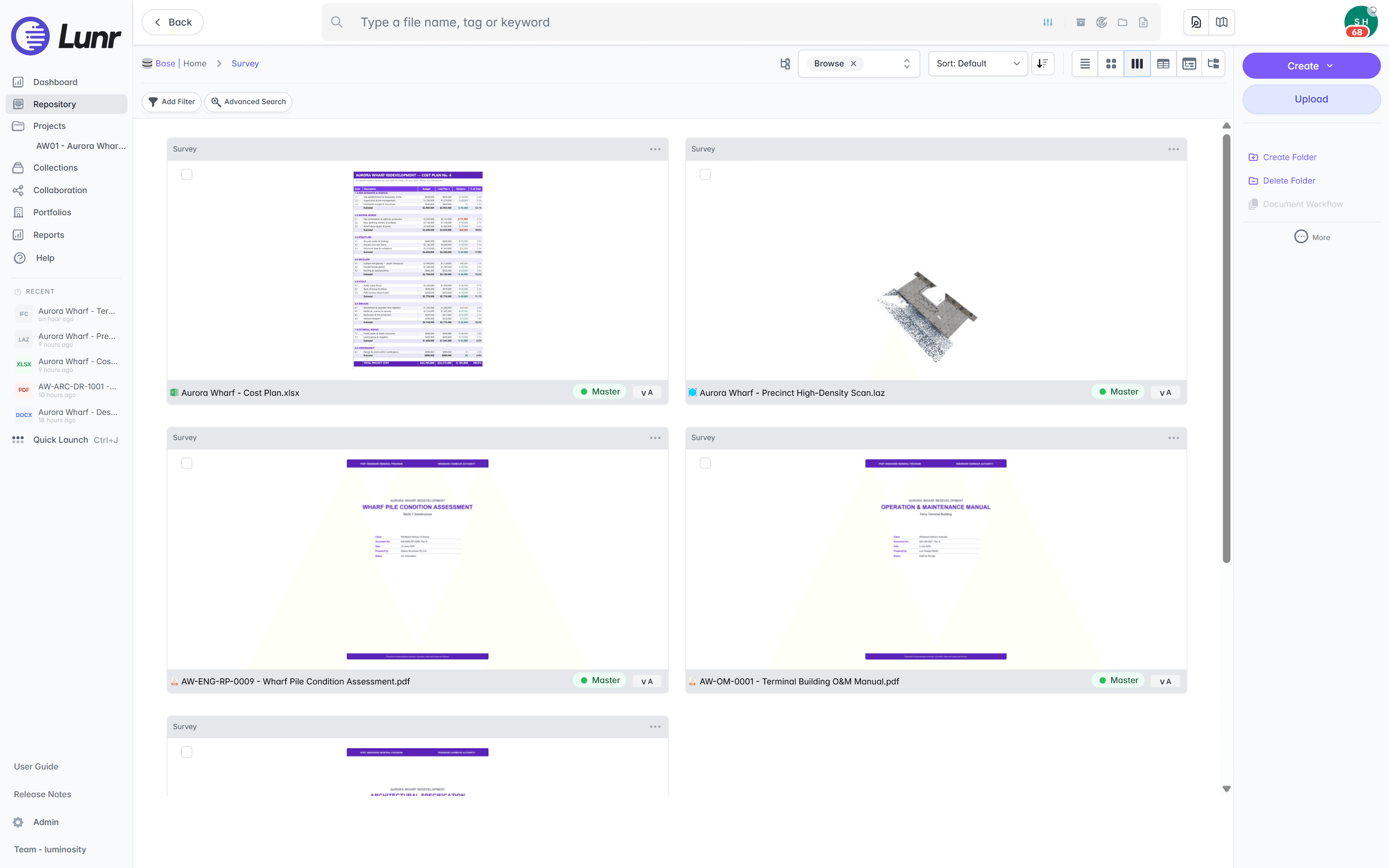 Large Thumbnail cards showing two Aurora Wharf documents per row with detailed previews of a cost plan spreadsheet and a point cloud scan