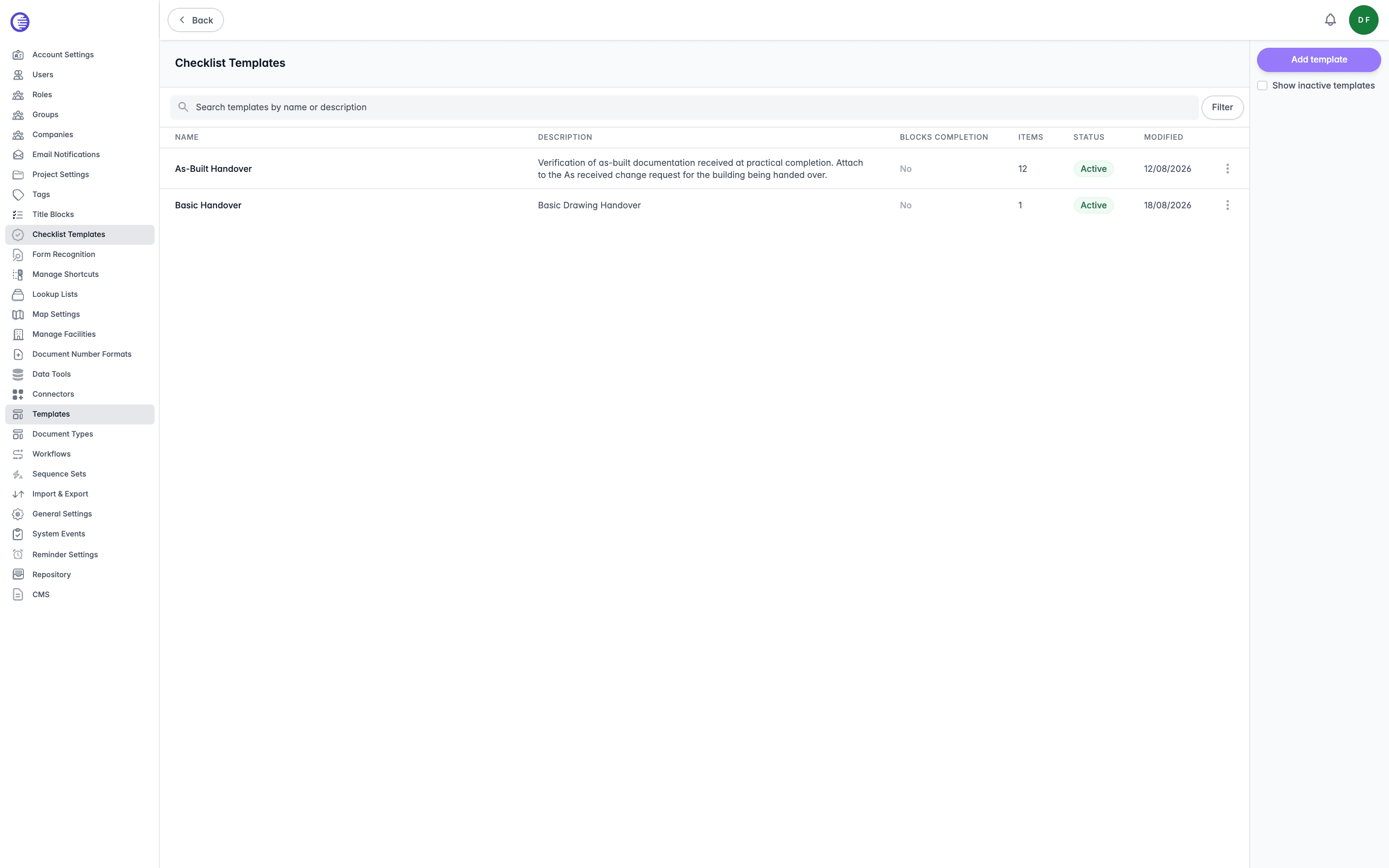 Checklist Templates page listing As-Built Handover and Basic Handover templates, with columns for name, description, blocks completion, items, status, and modified date, and an Add template button in the Action Pane