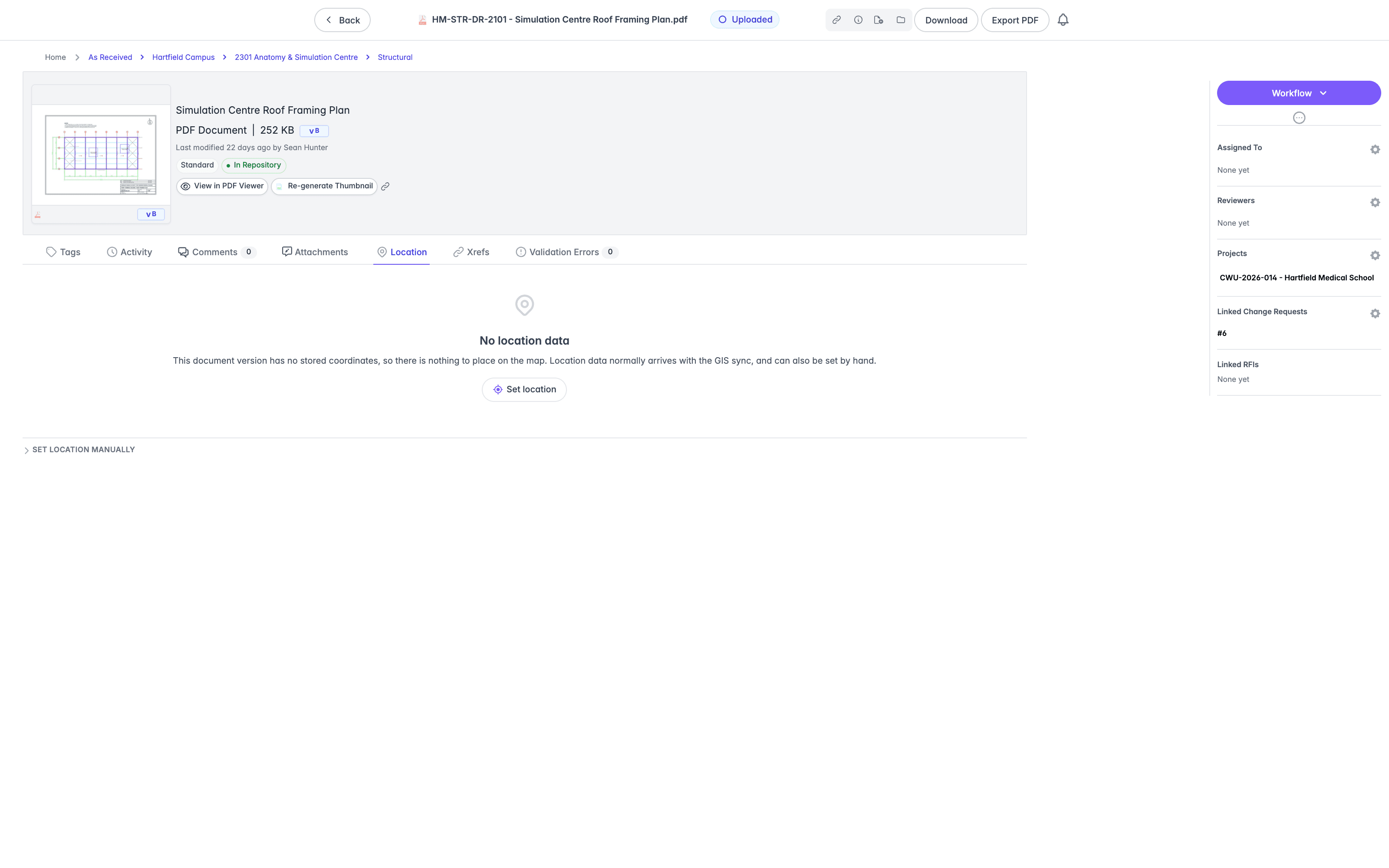 Location view for a document with no stored coordinates, showing the No location data message, the Set location button, and the collapsed Set location manually disclosure