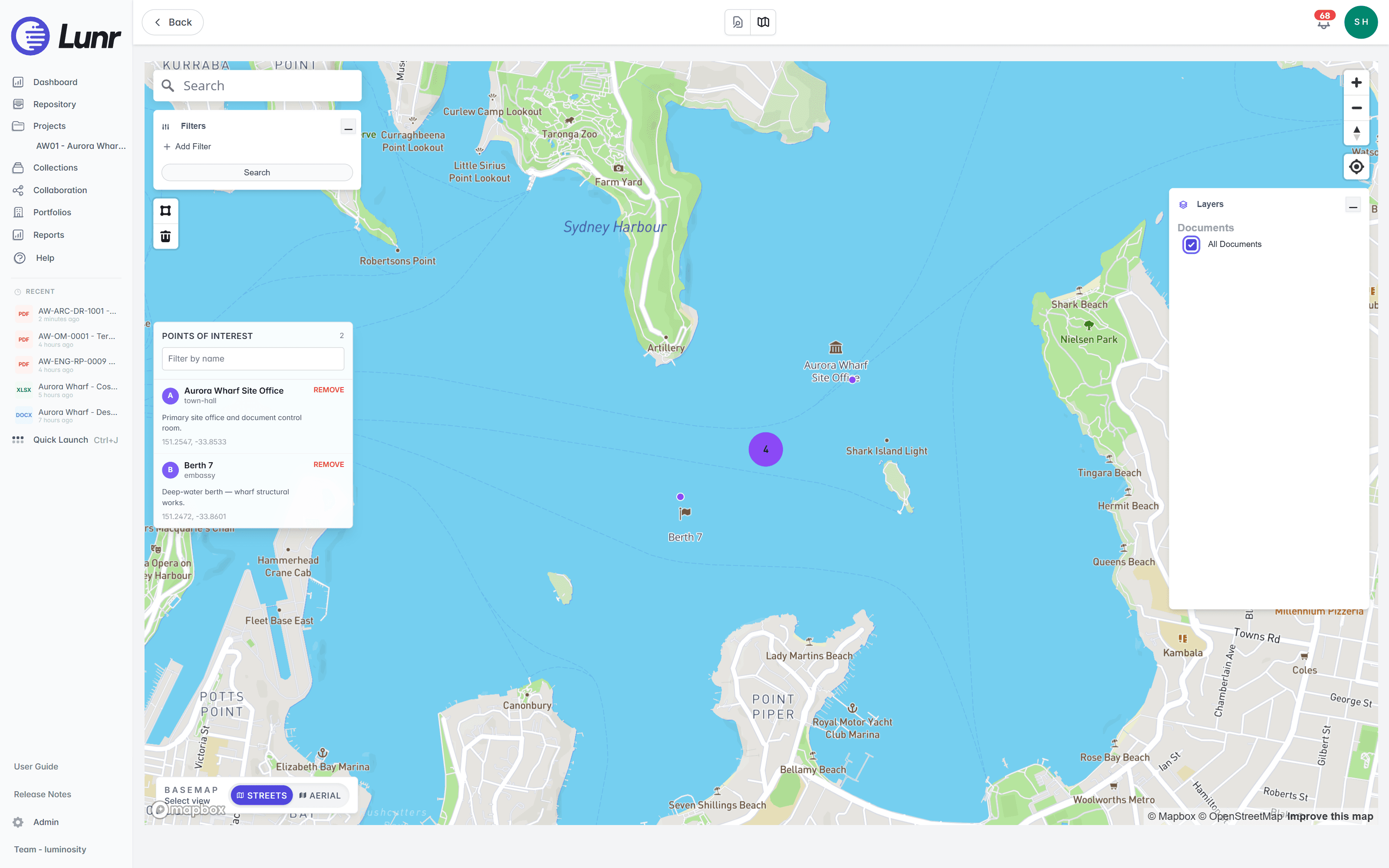 Map view centred on Sydney Harbour with the All Documents layer enabled, showing a purple cluster of four documents, single document points, the Filters and Layers panels, a Points of Interest panel, and a Streets and Aerial basemap toggle