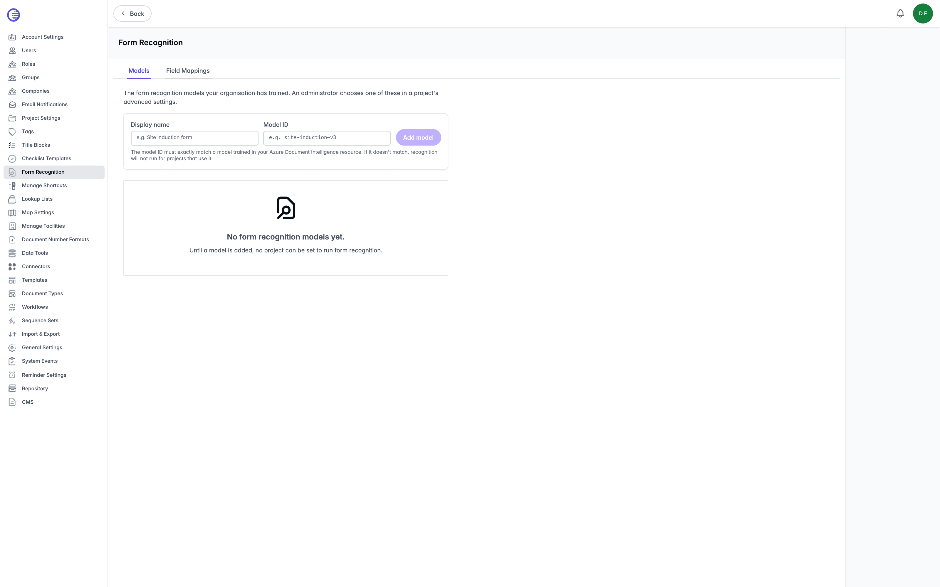 Form Recognition page on the Models tab, showing the Display name and Model ID fields, the Add model button, and an empty models list