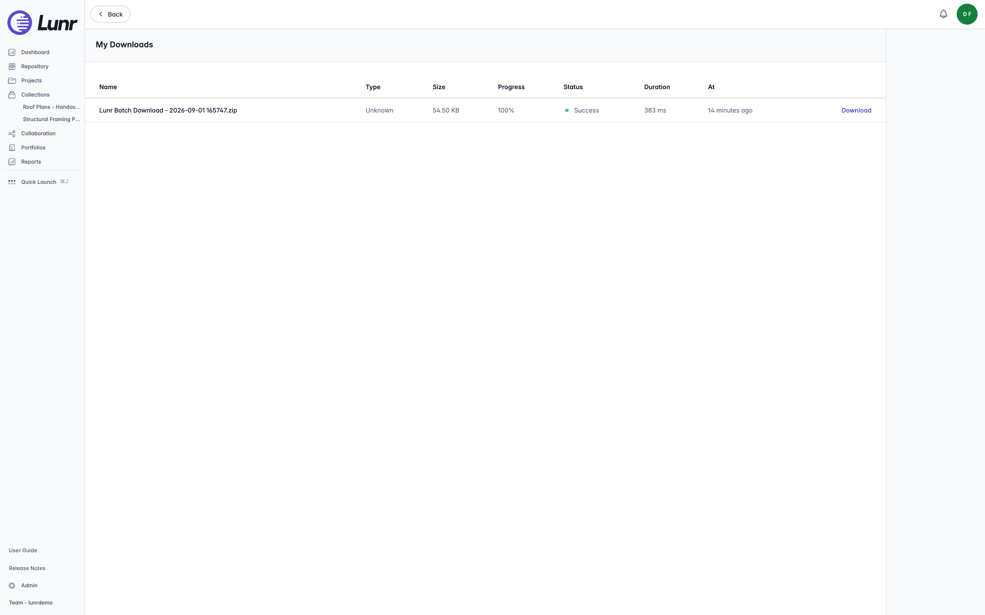 My Downloads page listing a completed package named Lunr Batch Download - 2026-09-01 165747.zip, with its type, size, progress, status, duration, and time columns, and a Download link