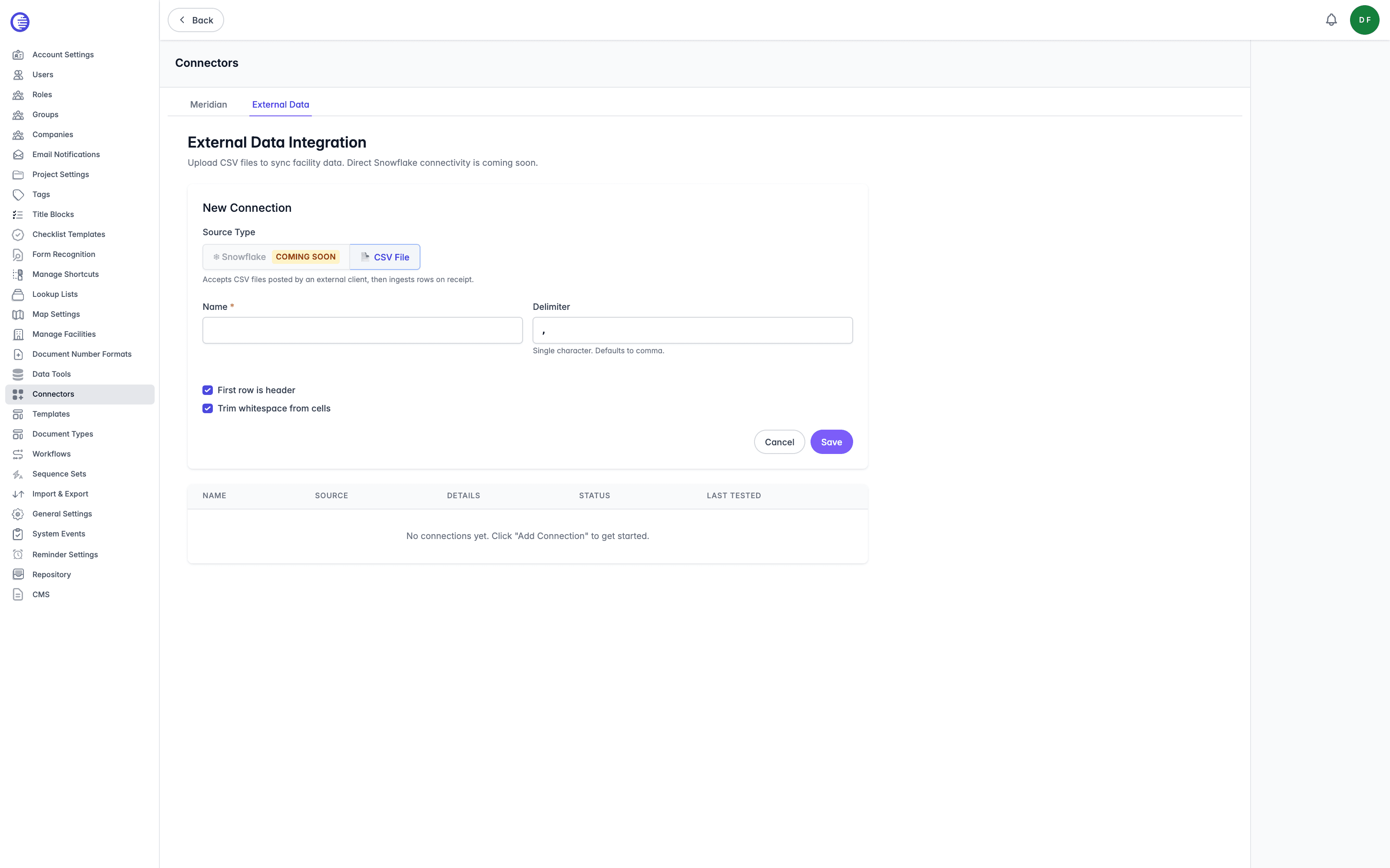 New Connection panel showing the disabled Snowflake source option marked Coming Soon, the selected CSV File option, and the Name, Delimiter, First row is header, and Trim whitespace from cells fields