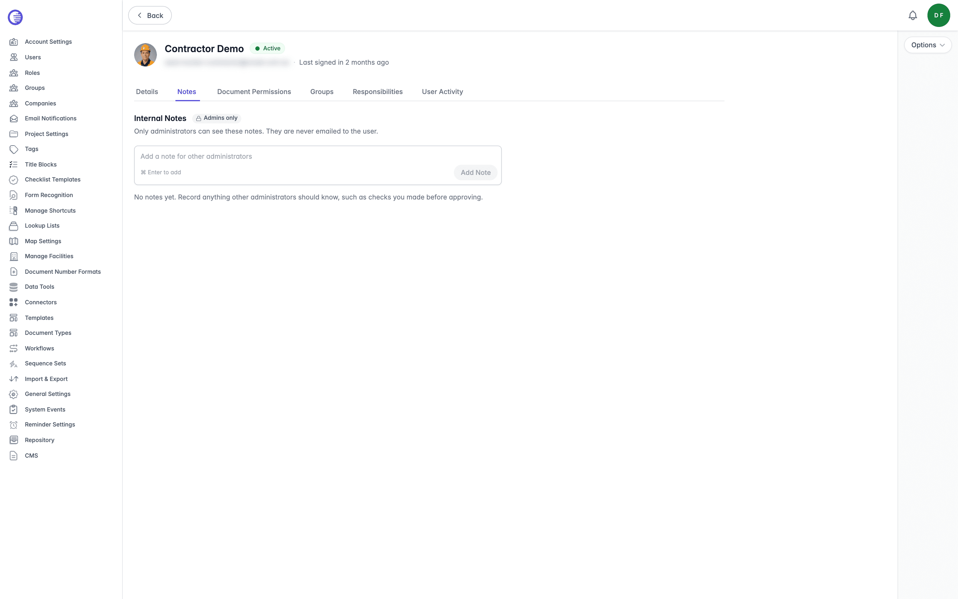 Notes tab on a user page, showing the Internal Notes heading with its Admins only badge, the note field with the Add Note button, and the empty state reading No notes yet