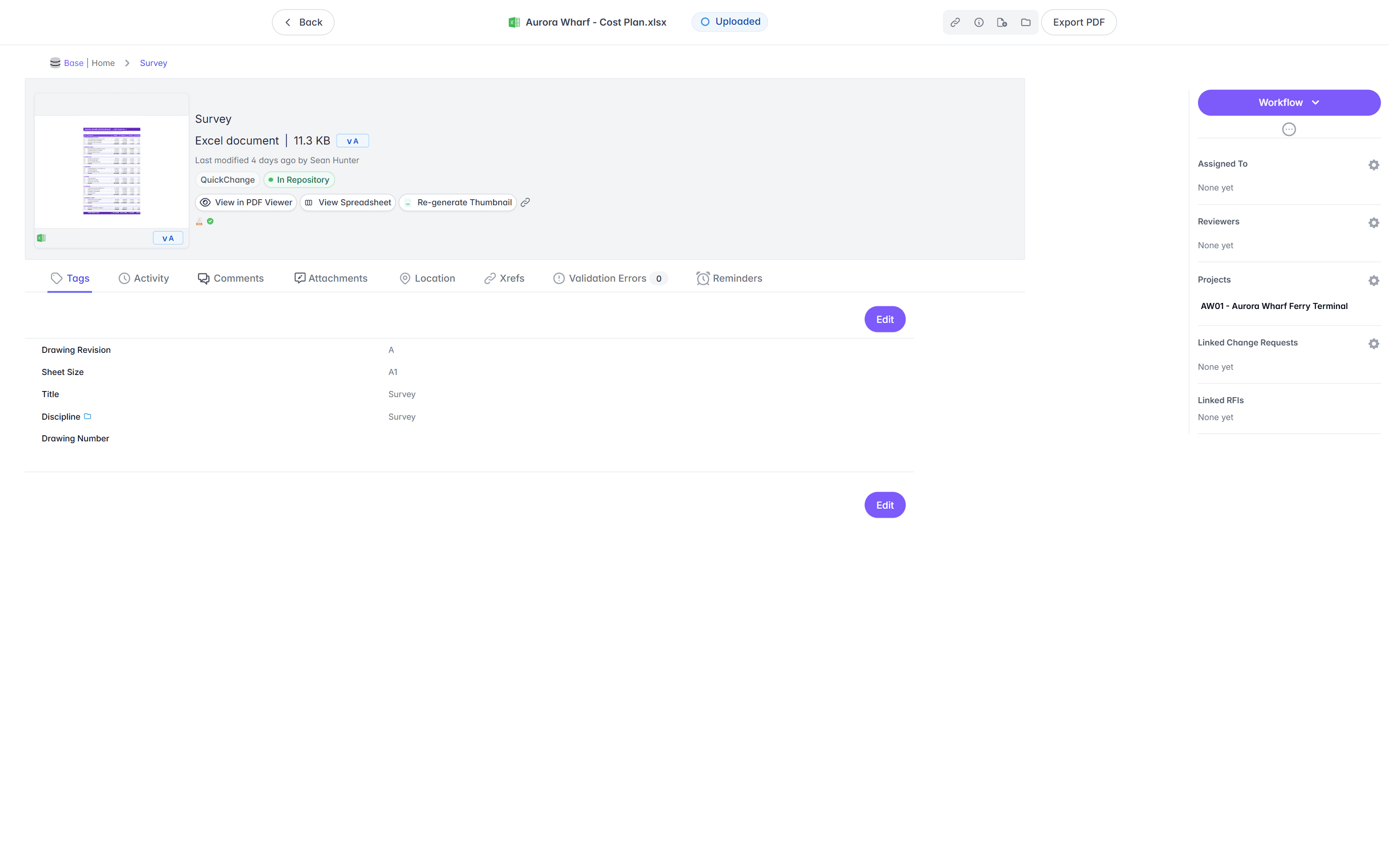 Document overview page for Aurora Wharf - Cost Plan.xlsx showing the spreadsheet preview, a green In Repository status, the Tags tab with metadata fields, and the Action Pane listing the AW01 project