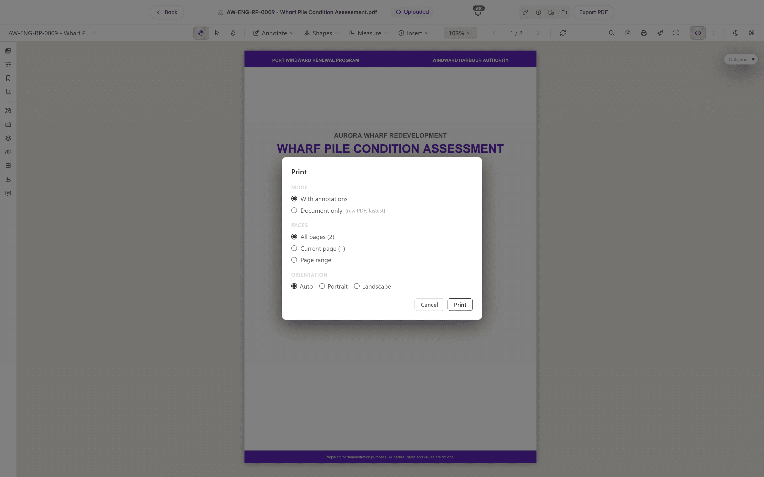Rift's Print dialog showing the Mode, Pages, and Orientation options with Cancel and Print buttons