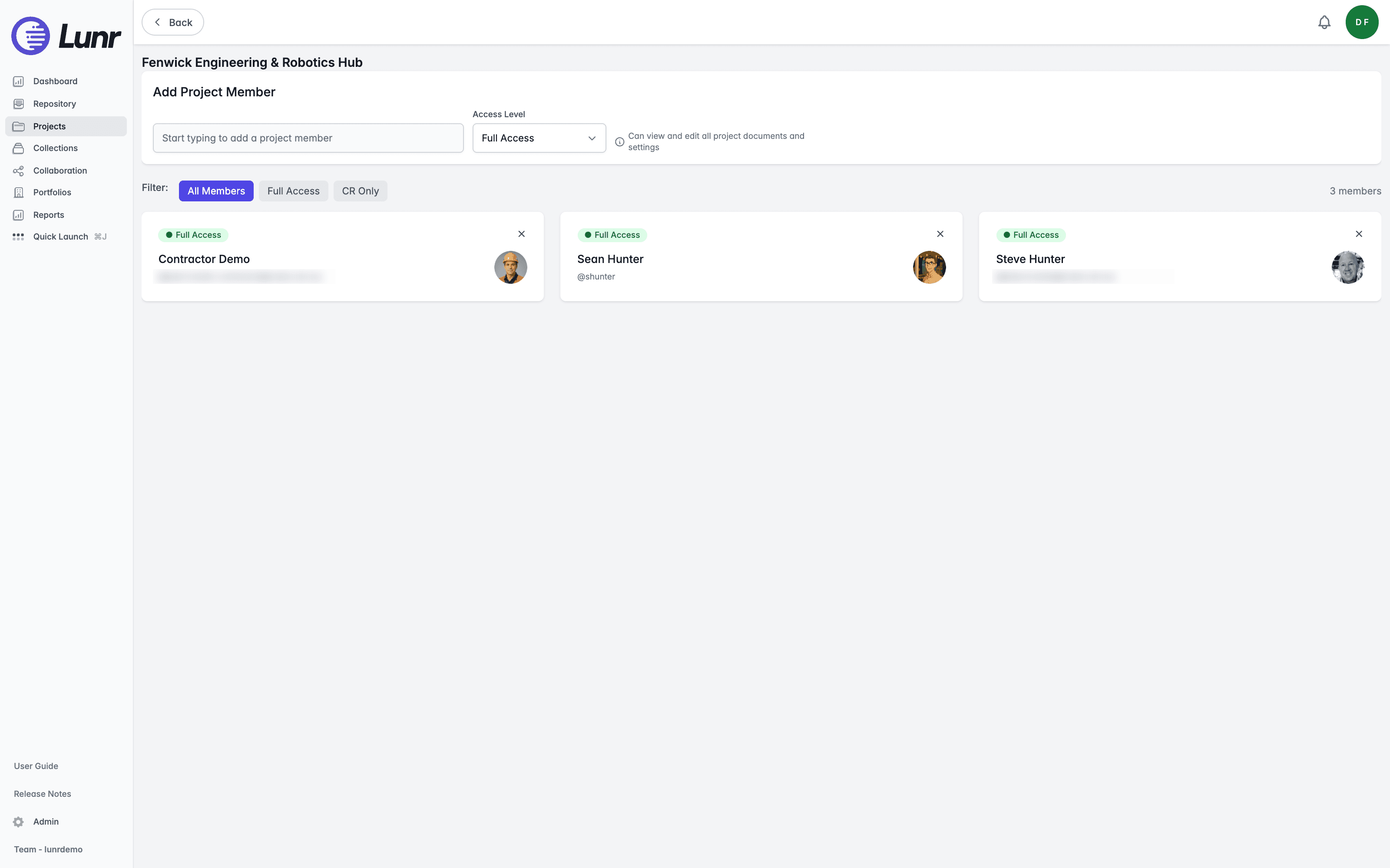 Project Members page with an Add Project Member panel, a filter row of All Members, Full Access, and CR Only, and member cards