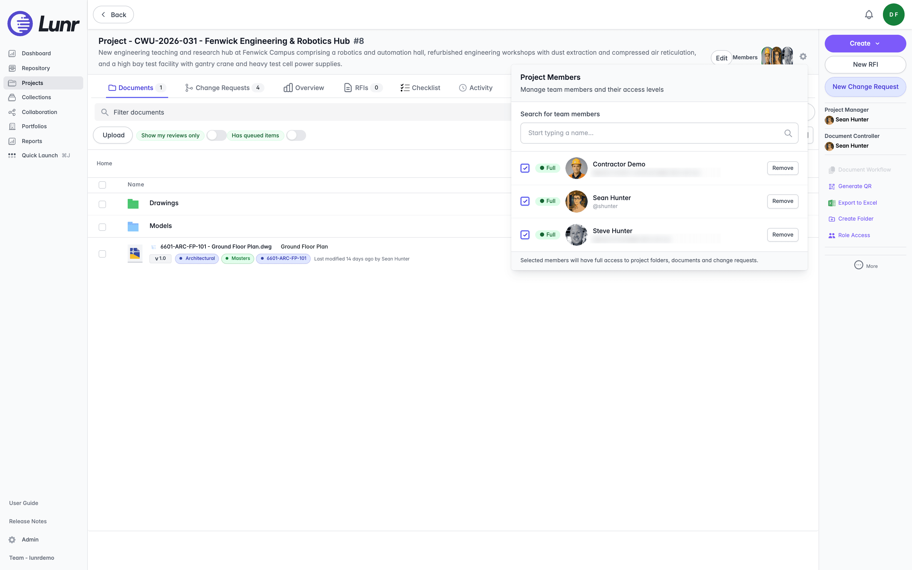 Project Members popover with a search field and a list of members each showing a Full badge, avatar, name, and Remove button