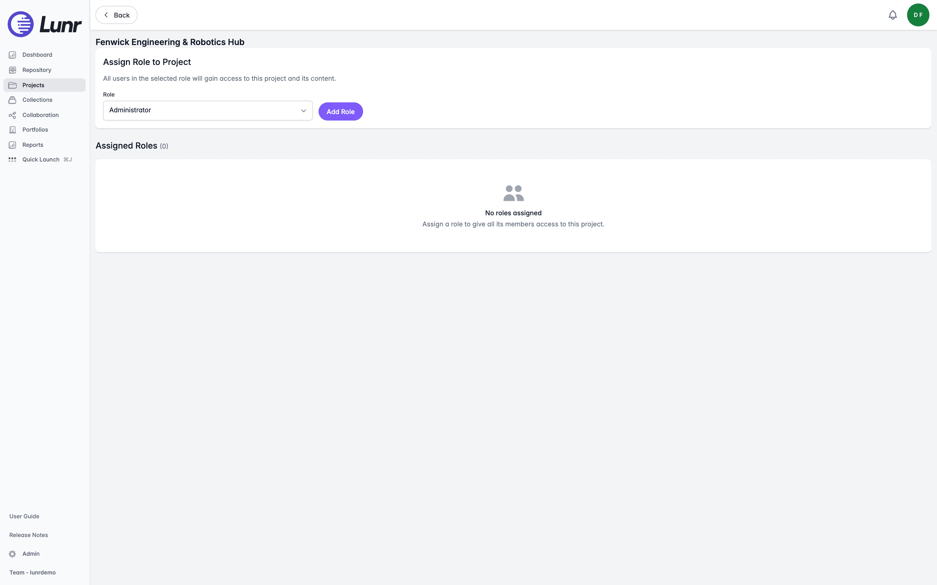 Project Role Access page with a Role dropdown, an Add Role button, and a list of assigned roles