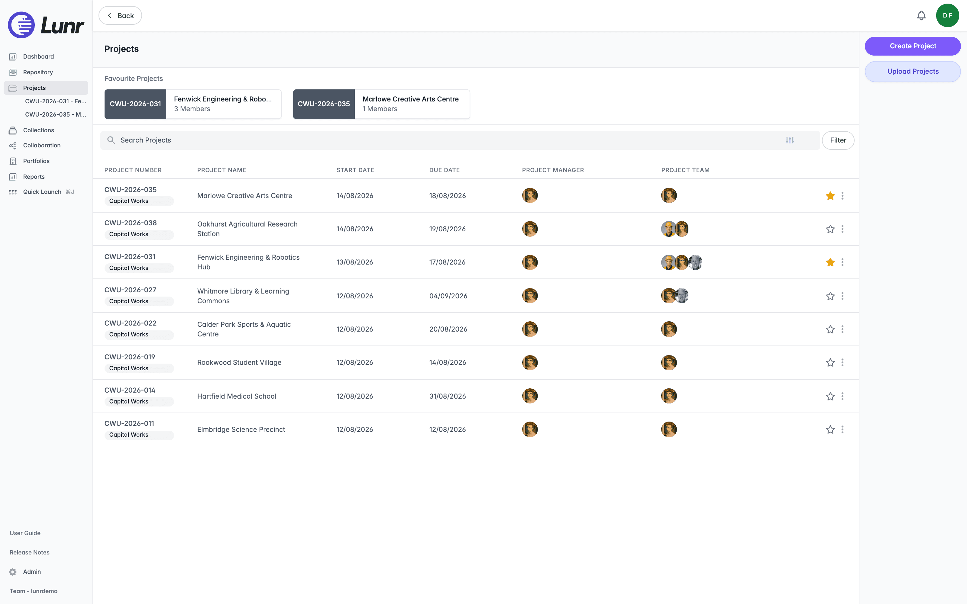 Projects list with two starred projects shown in a Favourite Projects strip above the search field and nested under Projects in the main menu
