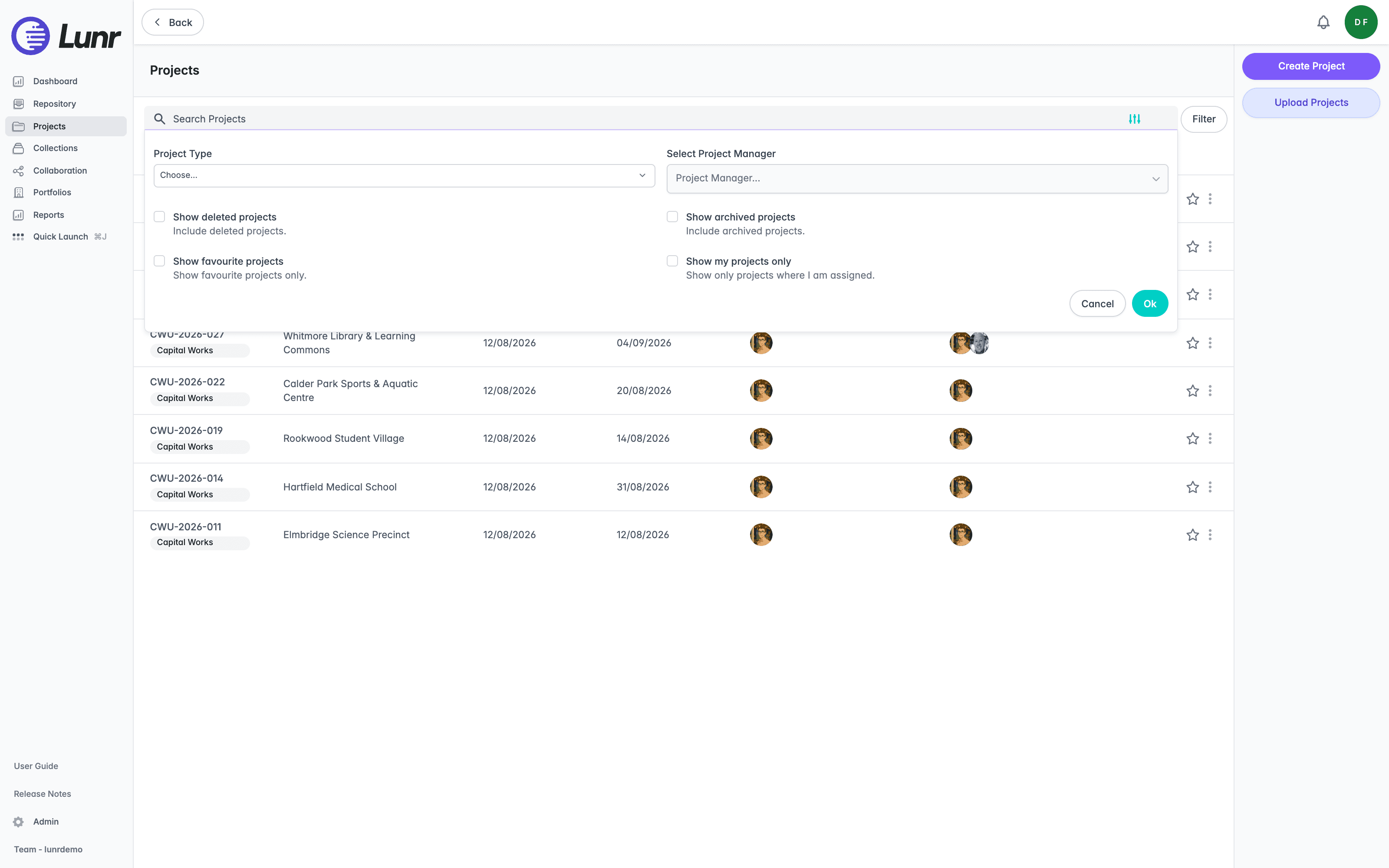 Filter panel with a Project Type dropdown, a Select Project Manager field, four filter boxes, and Cancel and Ok buttons