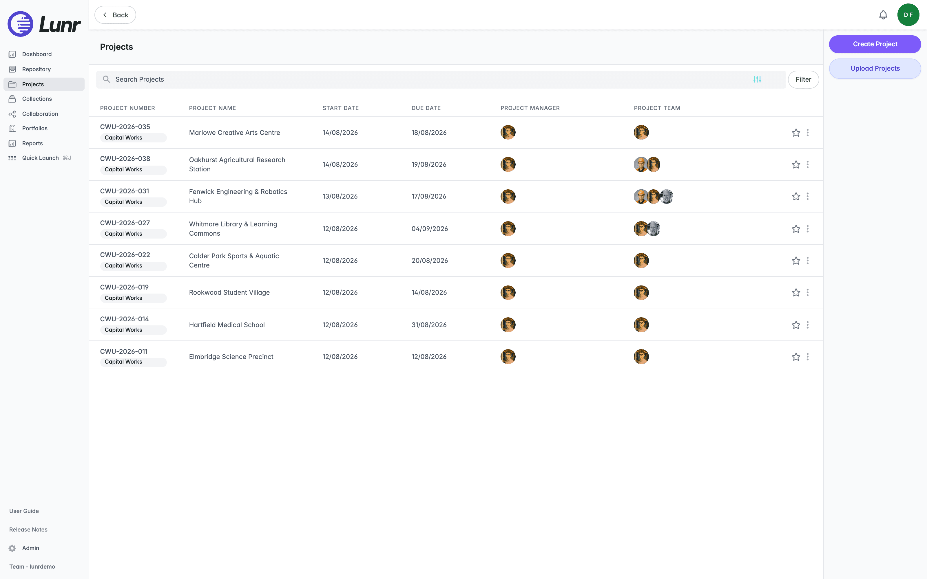 Projects list showing project number, name, start date, due date, project manager, and project team columns for eight Capital Works projects, with Create Project and Upload Projects buttons in a panel on the right
