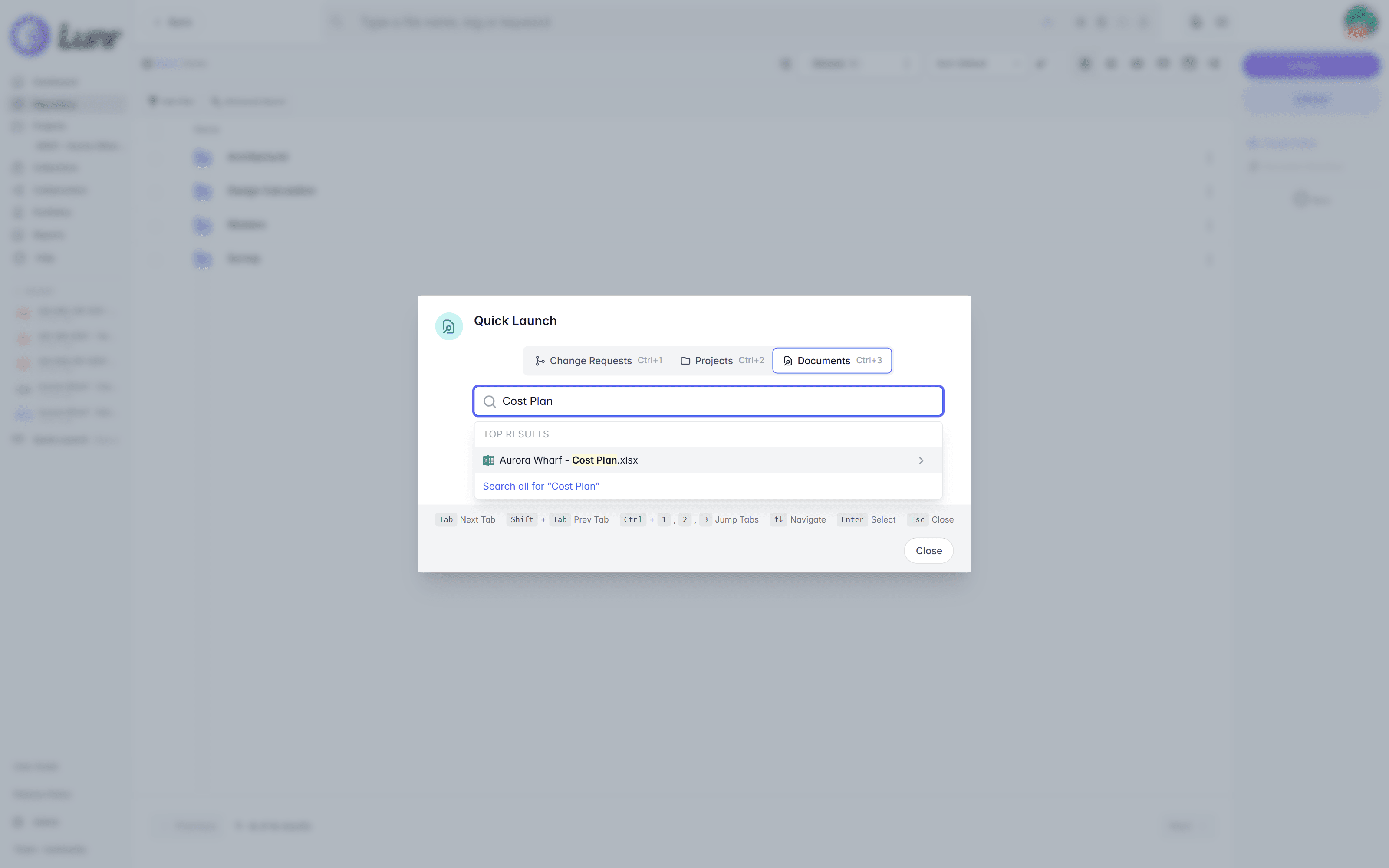 Quick Launch dialog with the Documents tab active, Cost Plan typed in the search box, a Top Results list showing Aurora Wharf - Cost Plan.xlsx and a Search all link, and keyboard shortcuts along the footer