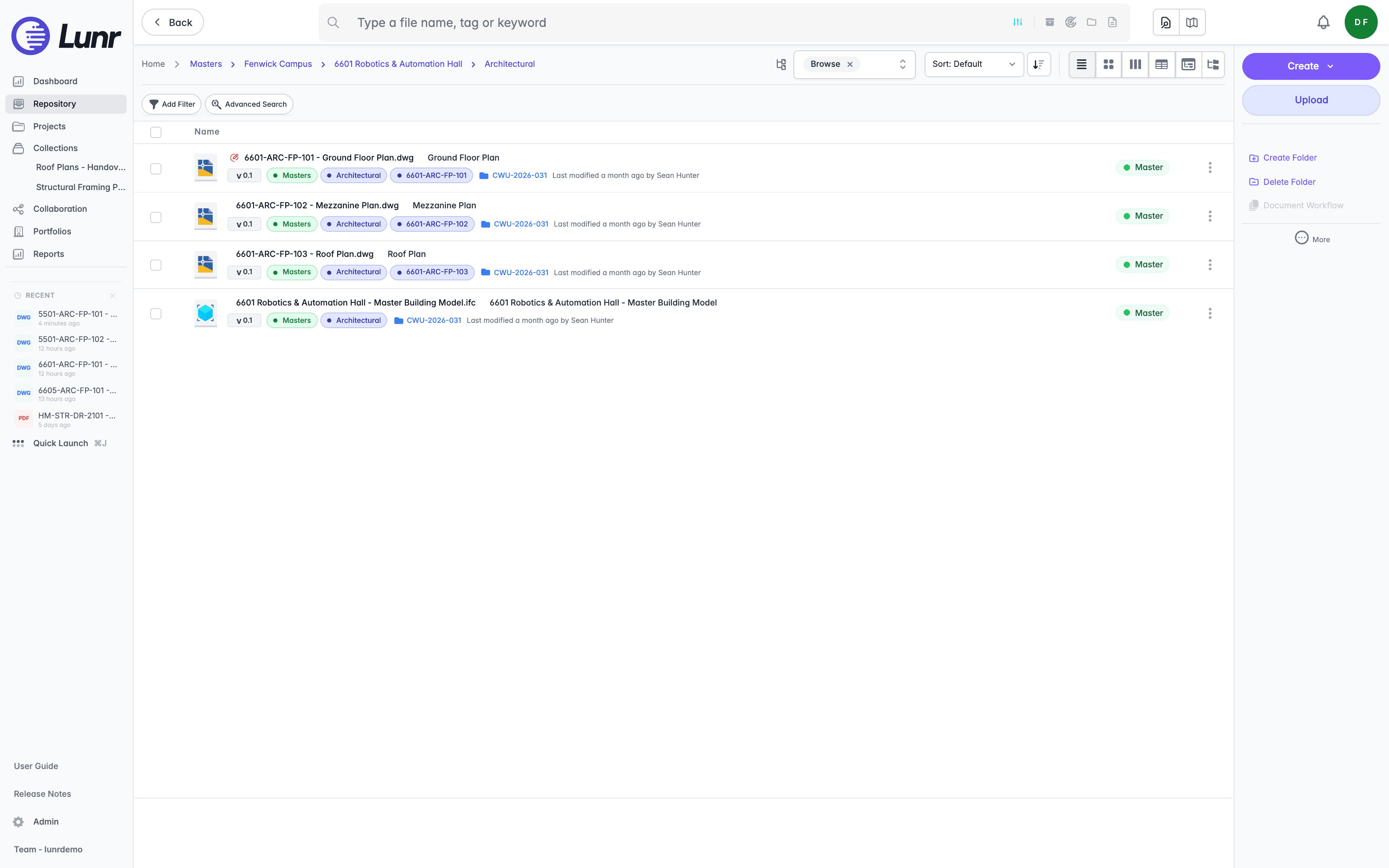 Repository with the Recent panel in the sidebar listing five recently opened documents, each with its file-type badge, name, and how long ago it was viewed, above Quick Launch