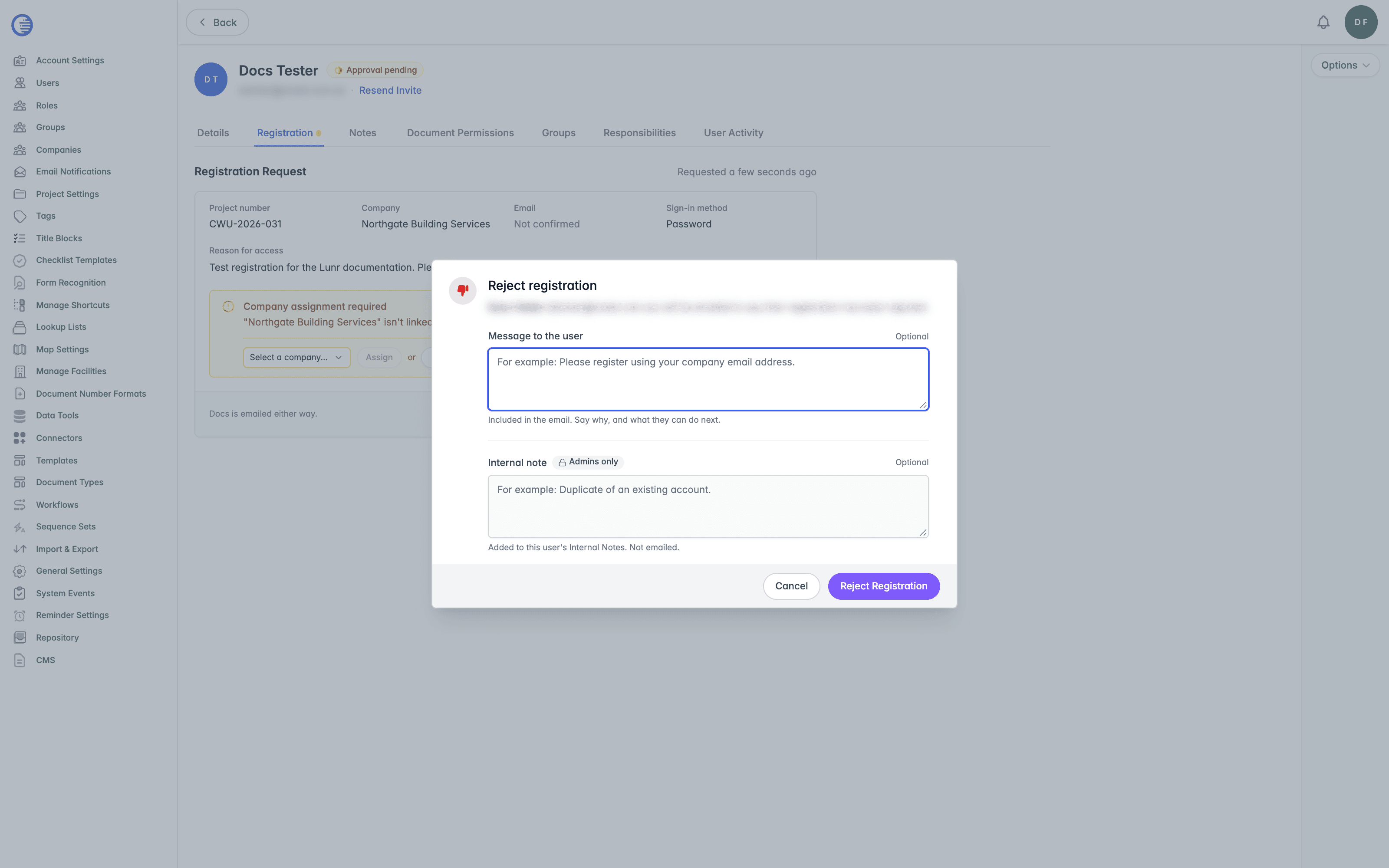 Reject registration dialog with the optional Message to the user and Internal note fields and the Reject Registration button