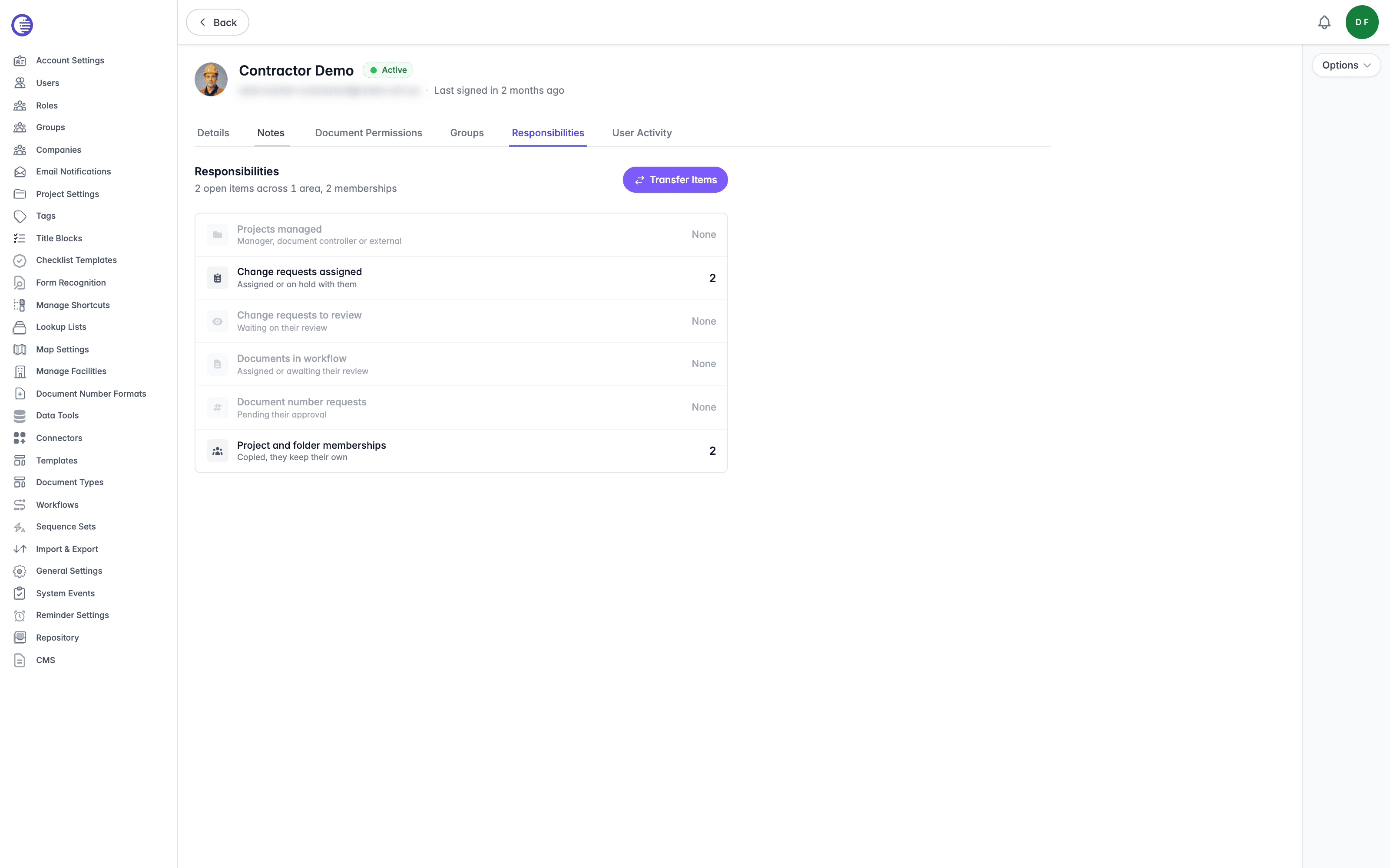 Responsibilities tab on a user page, summarising 2 open items across 1 area and 2 memberships, with the Transfer Items button and a count or None against each of the six areas