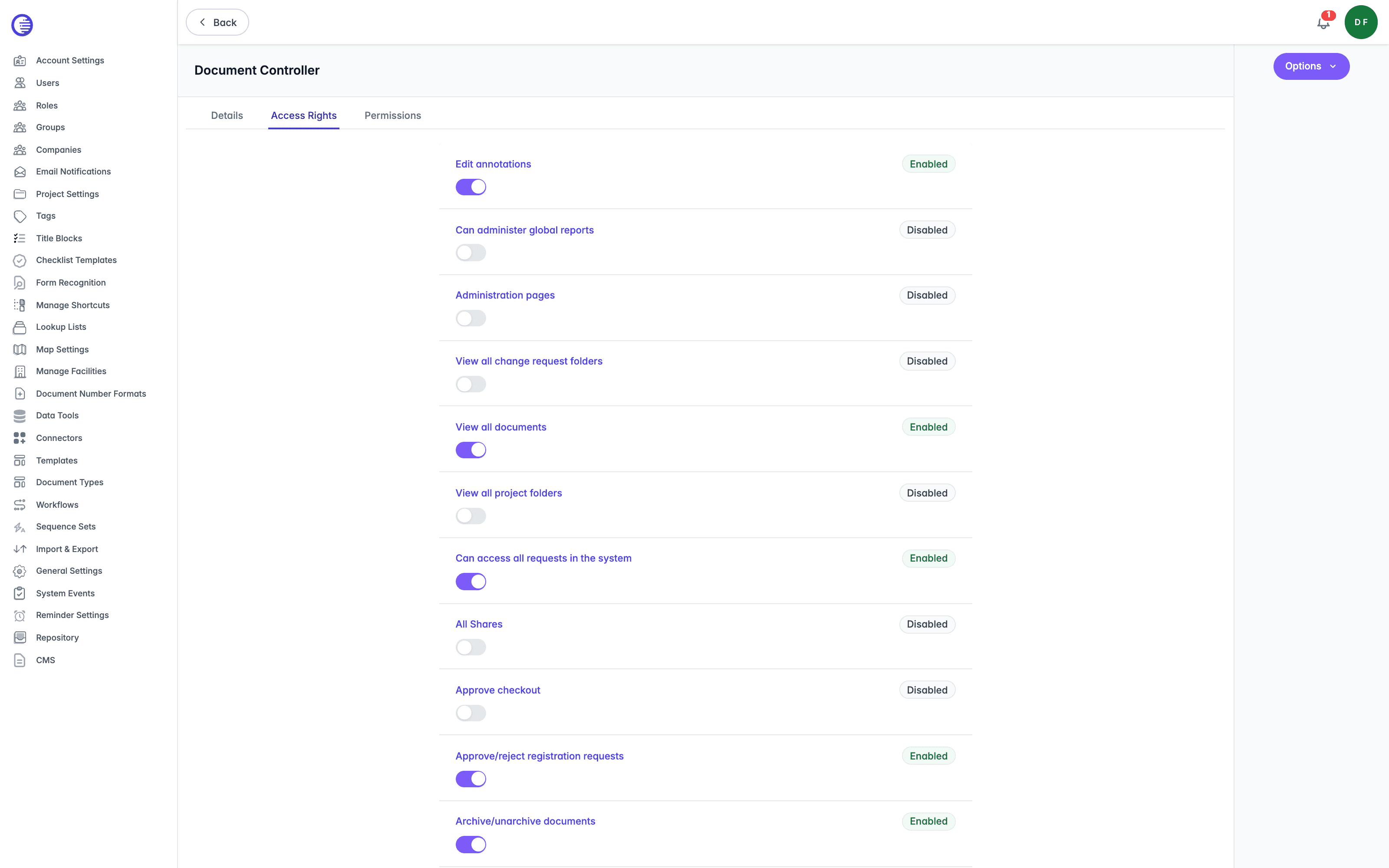 Access Rights tab for the Document Controller role, listing every individual permission toggle such as viewing all documents, managing users, and approving checkout, each marked enabled or disabled